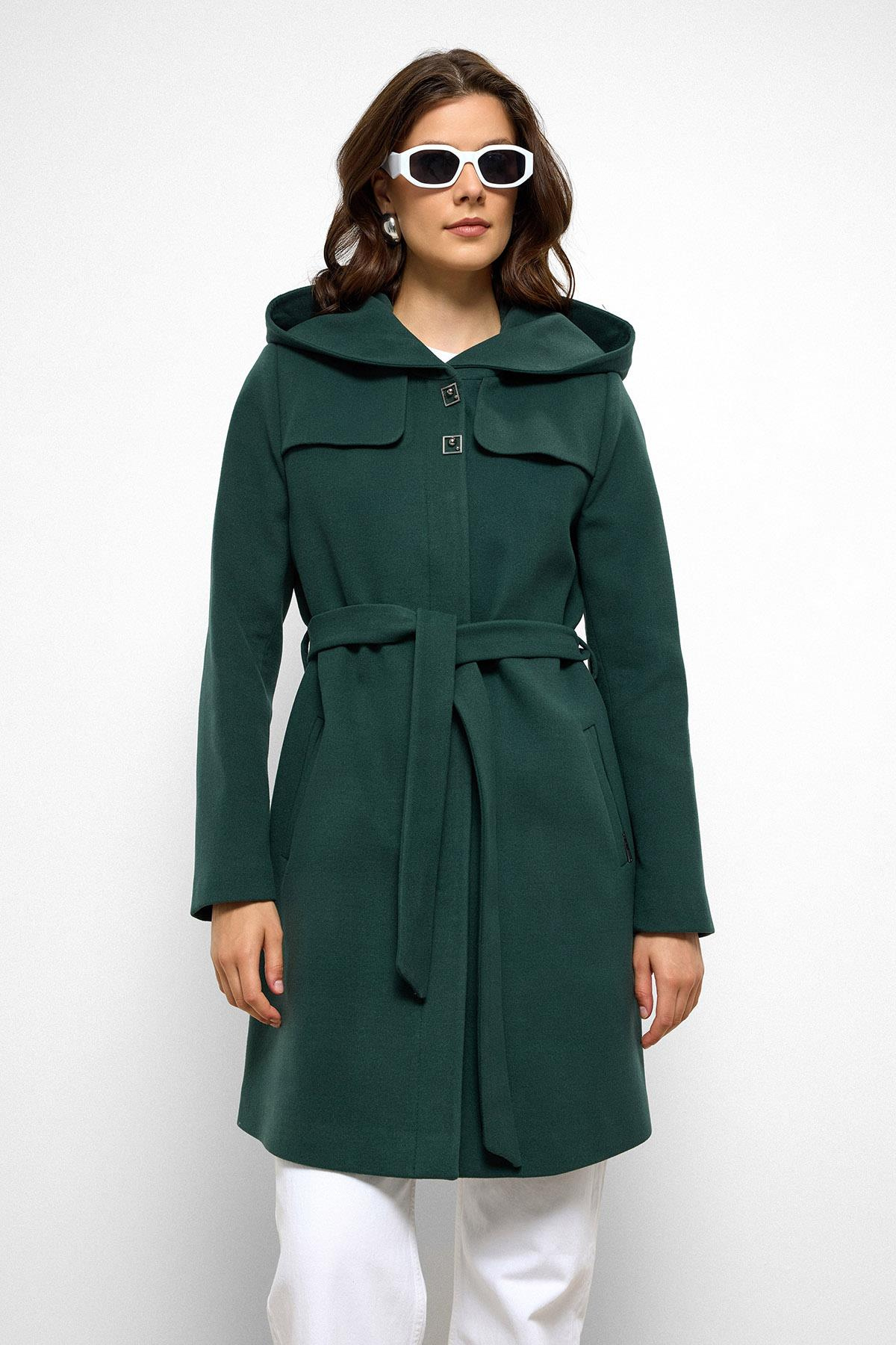 Kapüşonlu Pelerin Detaylı Kaban YEŞİL 3109