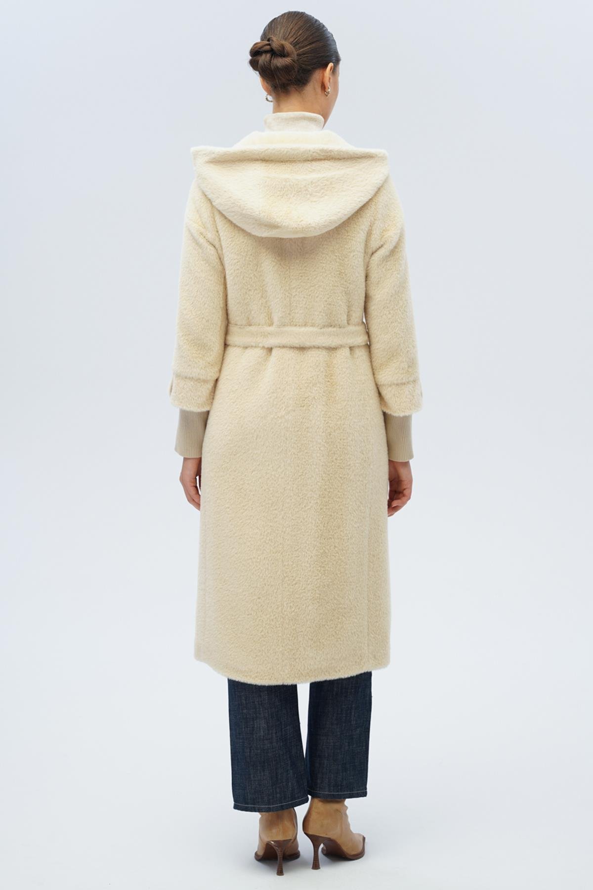 Kapüşonlu Ribana Detaylı Pelüş Kaban BEJ 3118