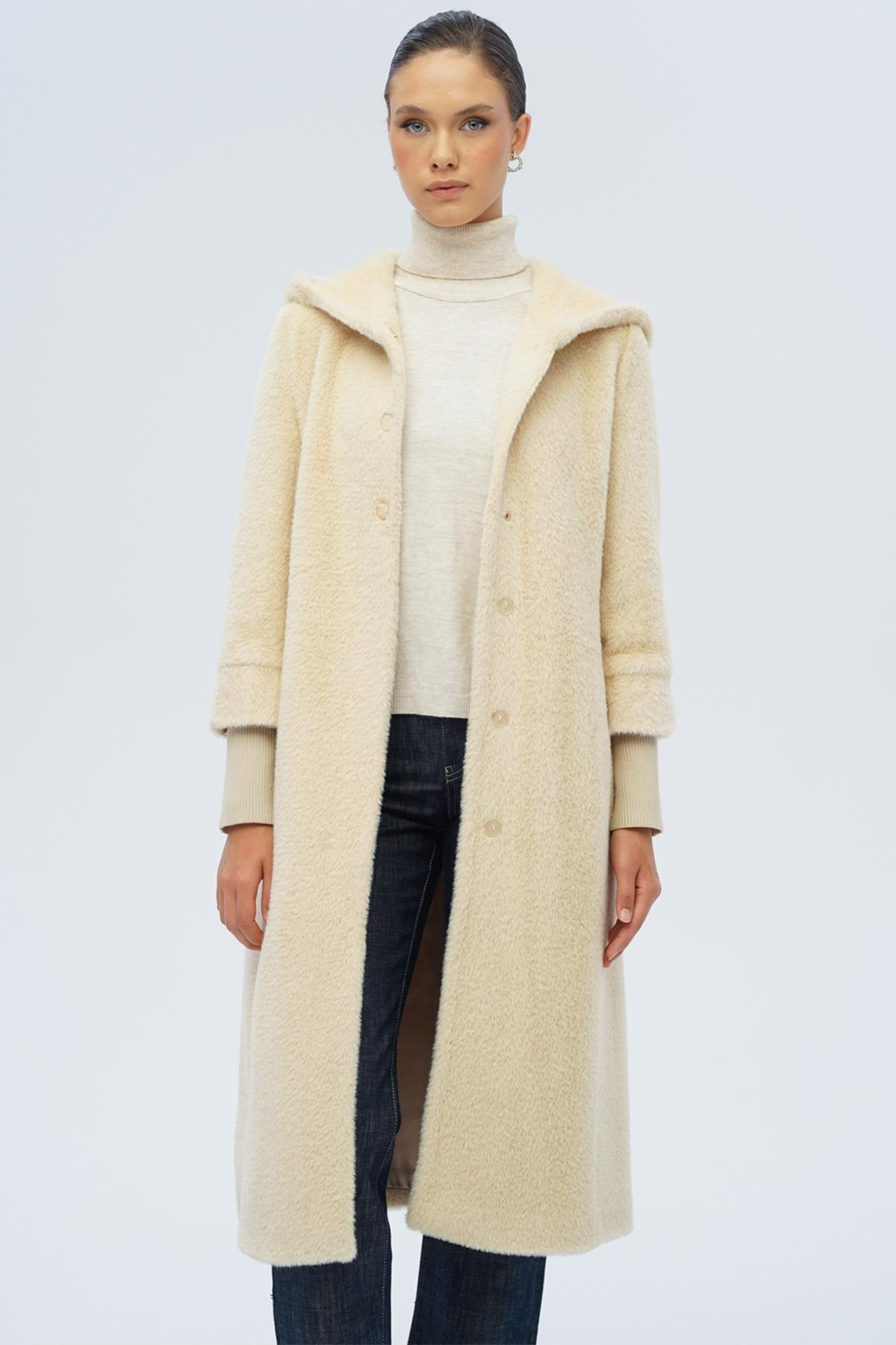 Kapüşonlu Ribana Detaylı Pelüş Kaban BEJ 3118