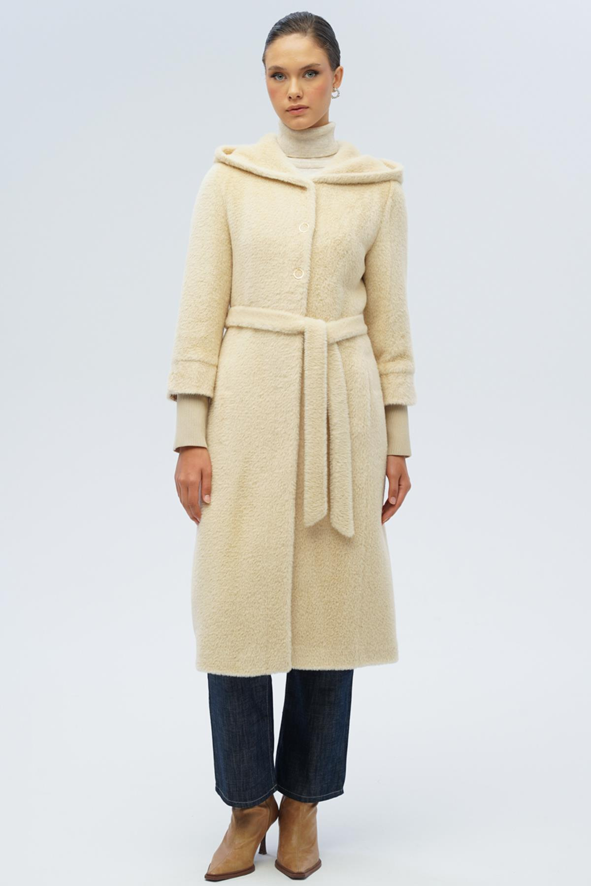 Kapüşonlu Ribana Detaylı Pelüş Kaban BEJ 3118