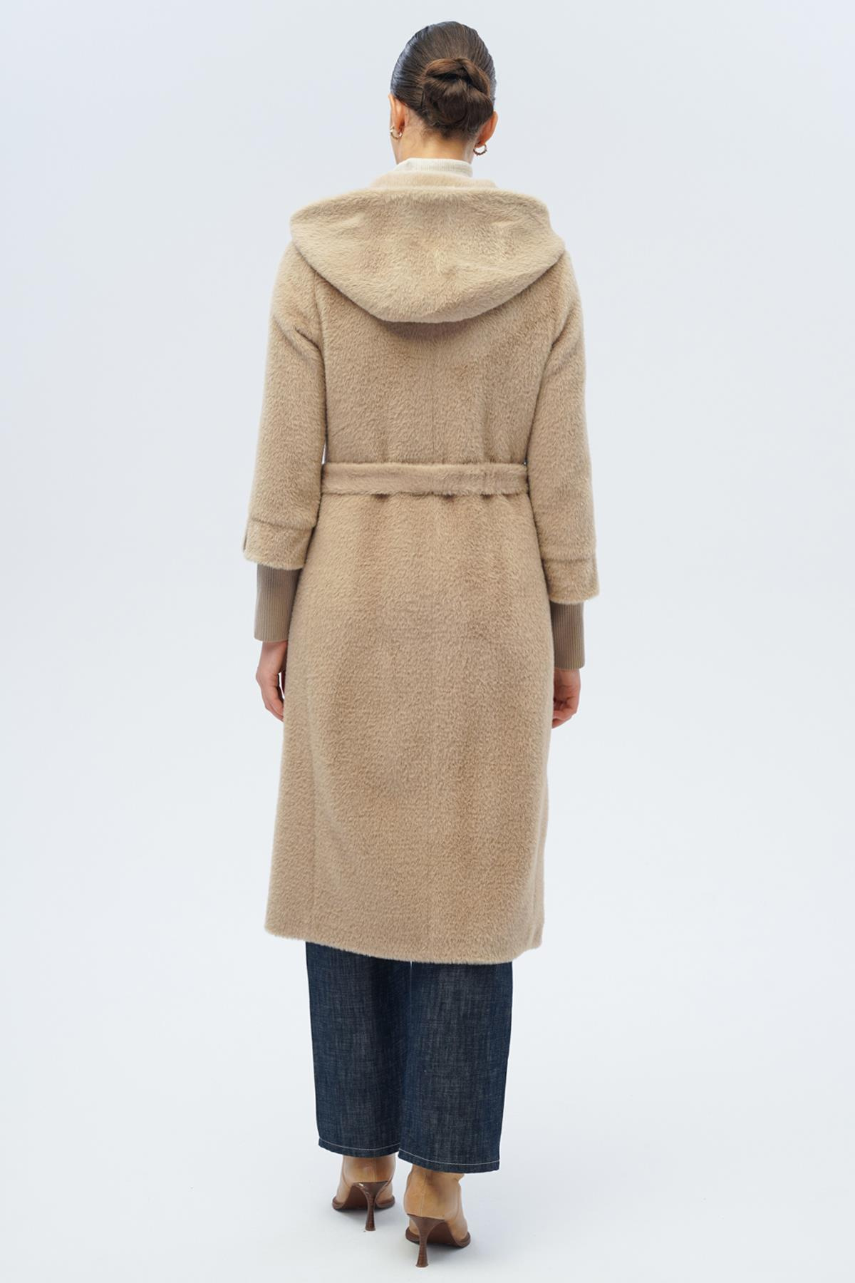 Kapüşonlu Ribana Detaylı Pelüş Kaban VİZON 3118