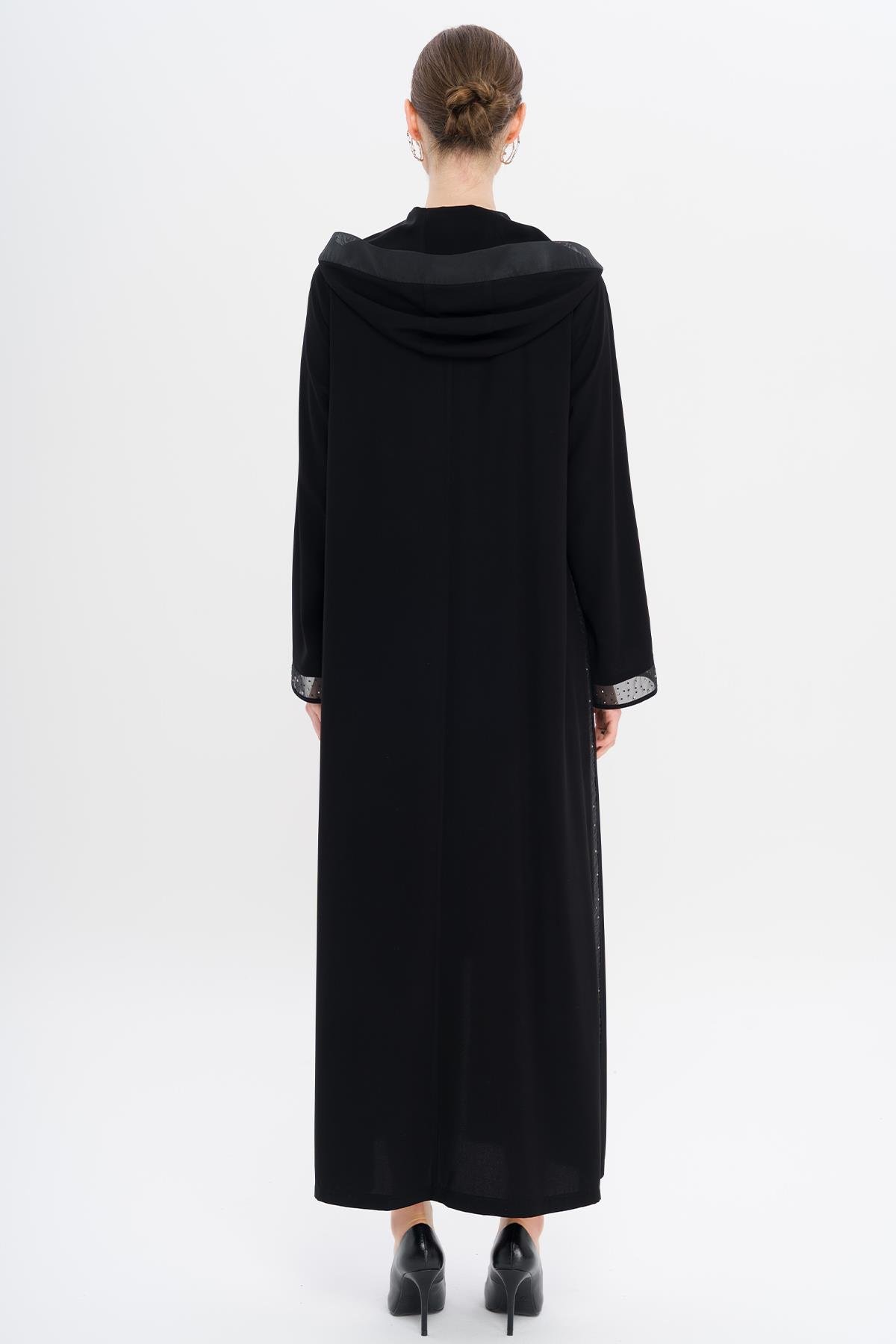 Kapüşonlu Taşlı Tül Detaylı Ferace SİYAH 6738