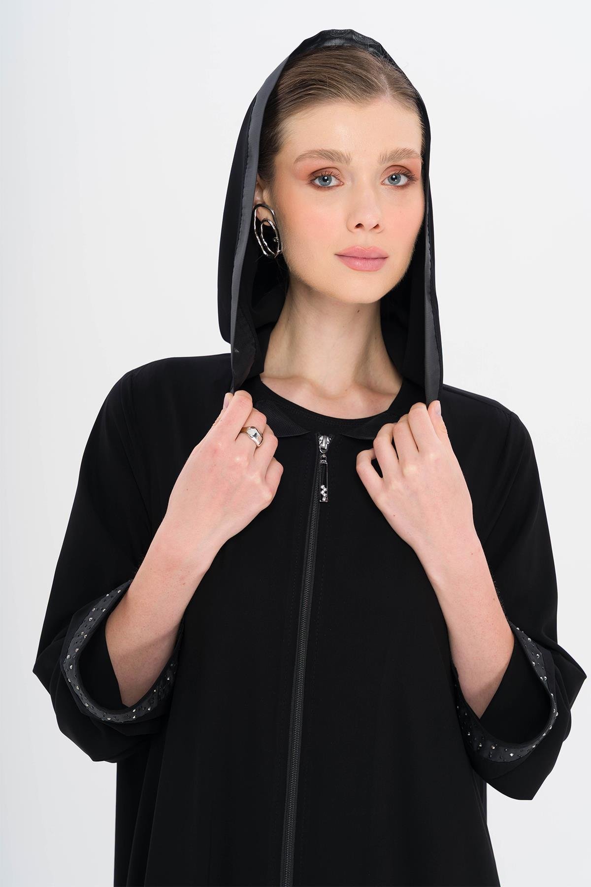 Kapüşonlu Taşlı Tül Detaylı Ferace SİYAH 6738