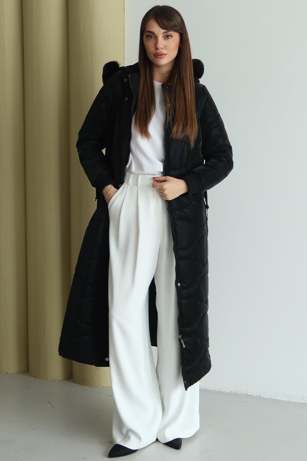 Kapüşonu Çıkabilir Kürklü Fermuarlı Uzun Kapitone Mont SİYAH 6802