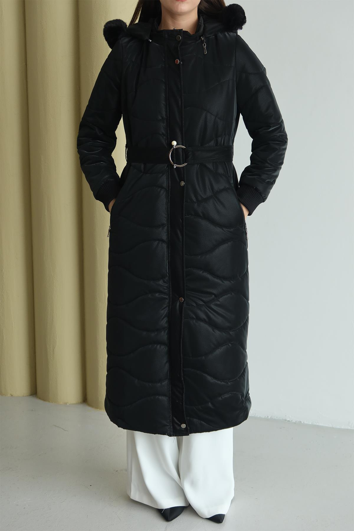 Kapüşonu Çıkabilir Kürklü Fermuarlı Uzun Kapitone Mont SİYAH 6802