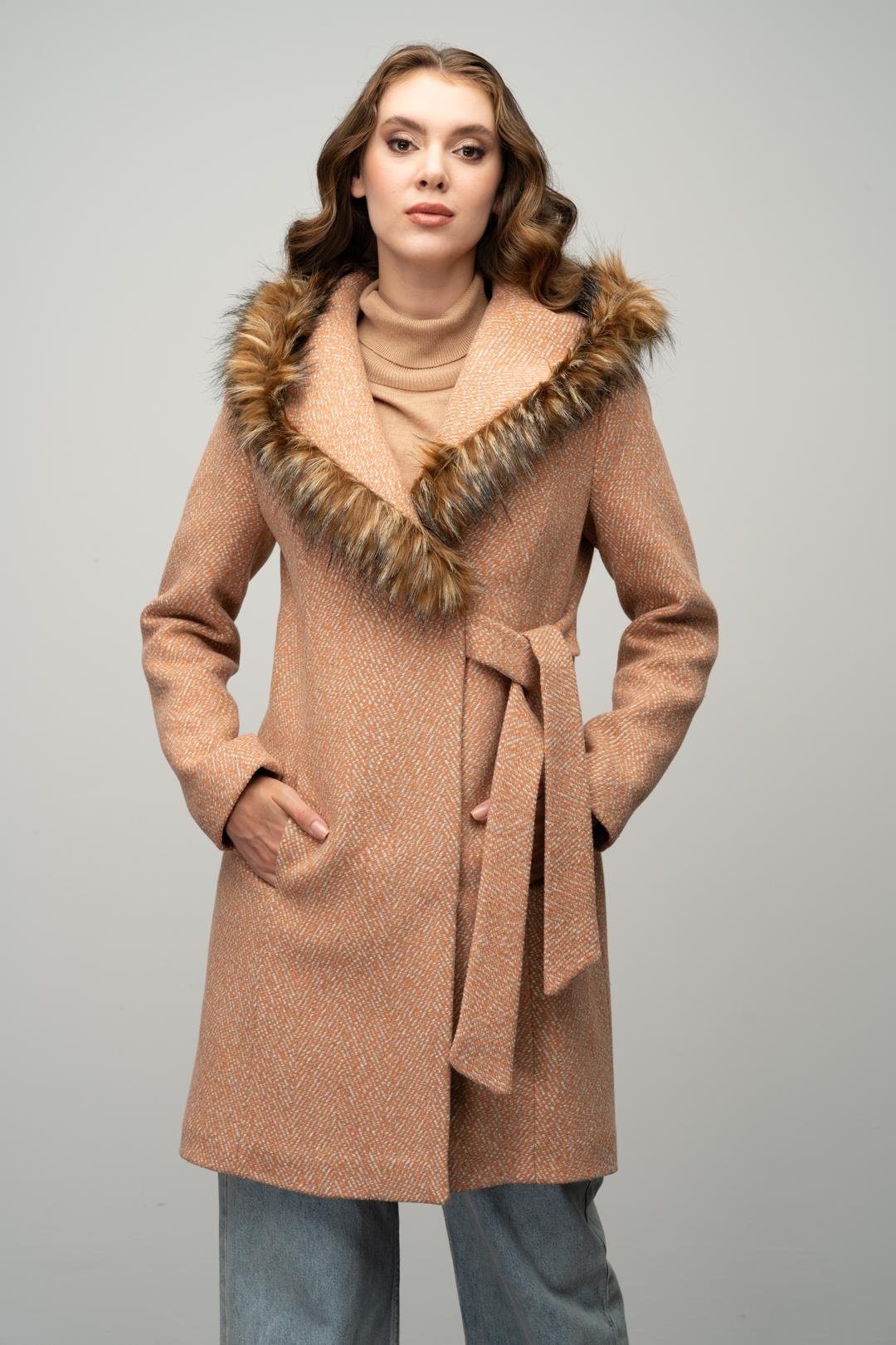 Herringbone Coat with Fur Hood and Belt Detail STRAW 3044