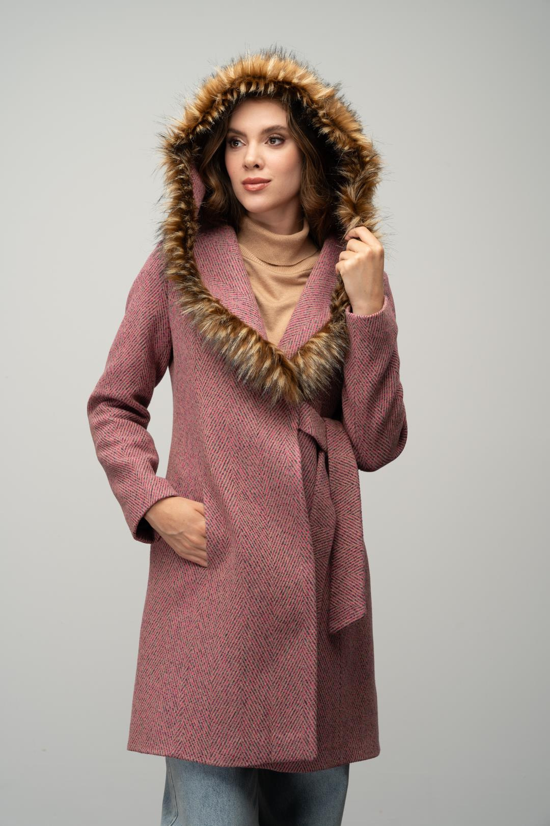 Kapüşonu Kürklü Kuşak Detaylı Balık Sırtı Kaban FUŞYA 3044