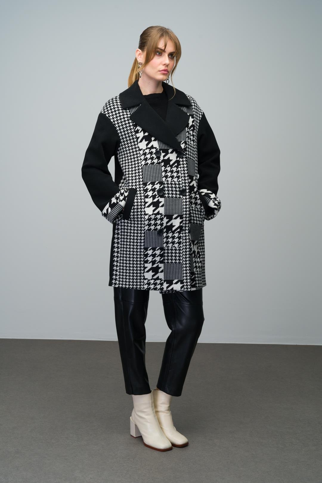 Kaz Ayağı Desen Detaylı Kruvaze Oversize Kaban SİYAH 3005