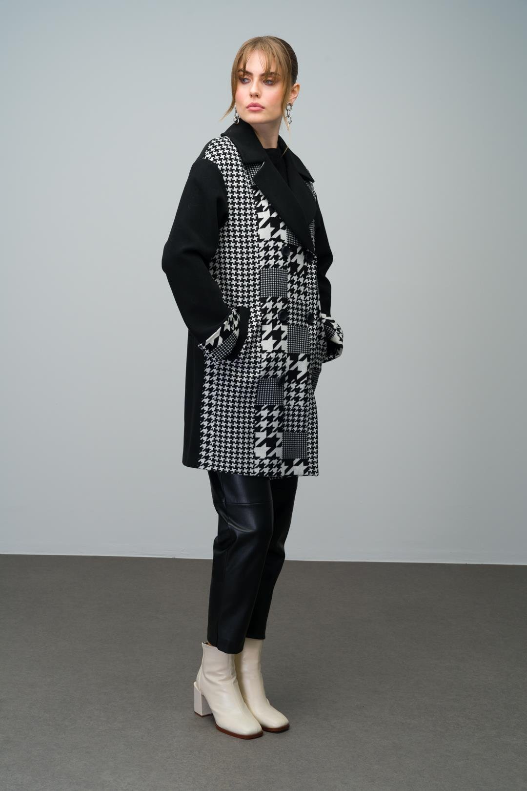 Kaz Ayağı Desen Detaylı Kruvaze Oversize Kaban SİYAH 3005