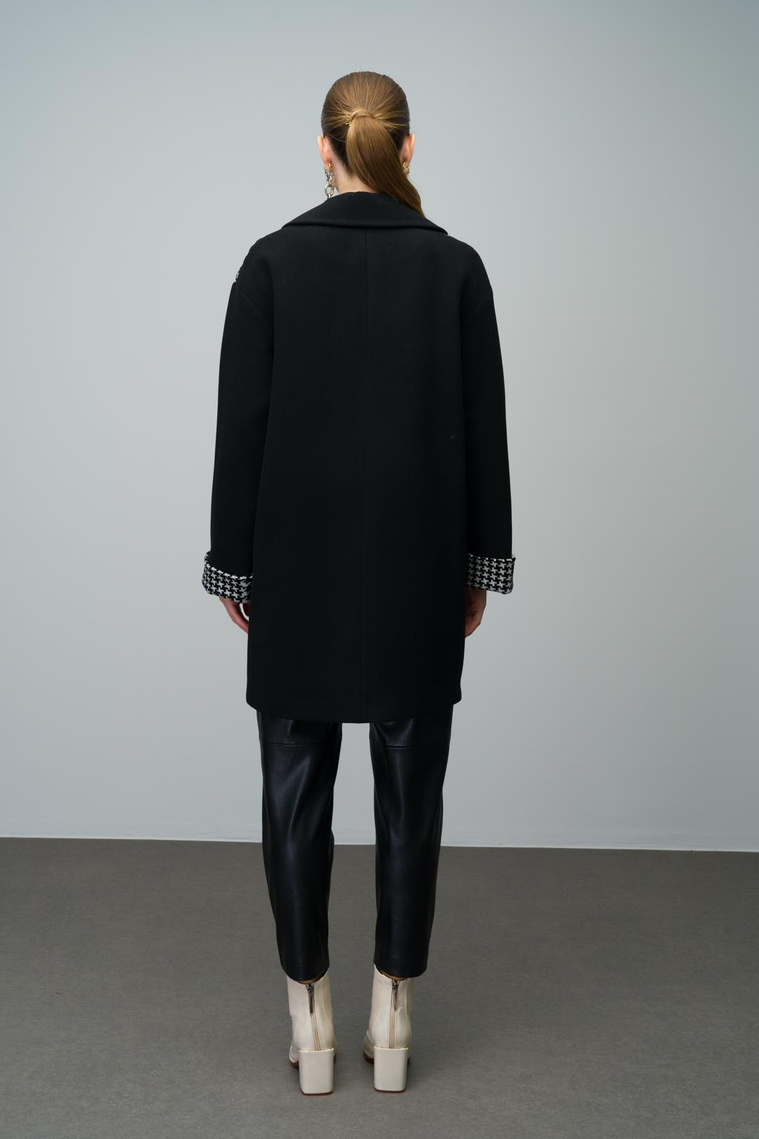 Kaz Ayağı Desen Detaylı Kruvaze Oversize Kaban SİYAH 3005