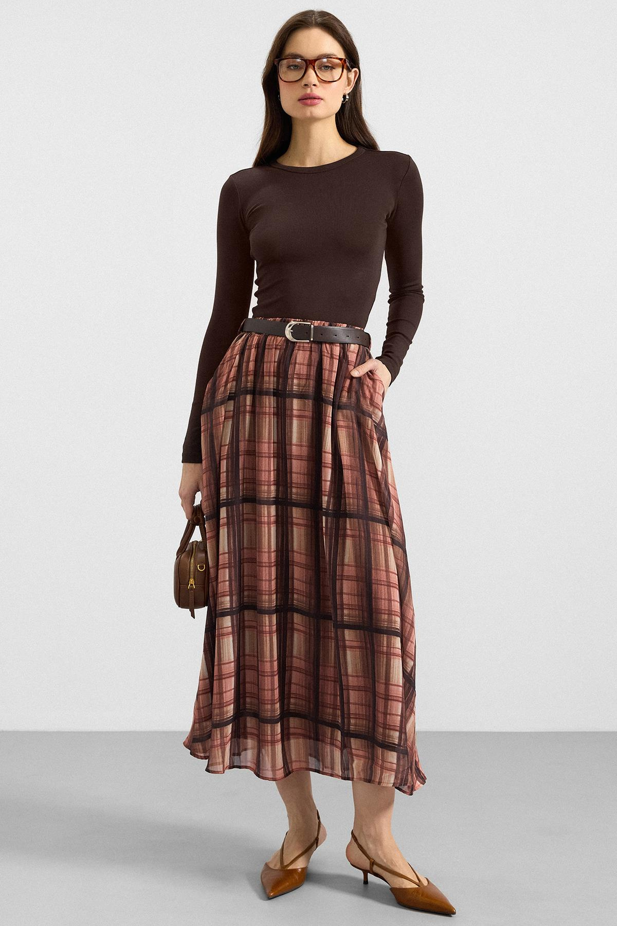 Kemer Aksesuarlı Beli Lastikli Şifon Etek KAHVE 7070