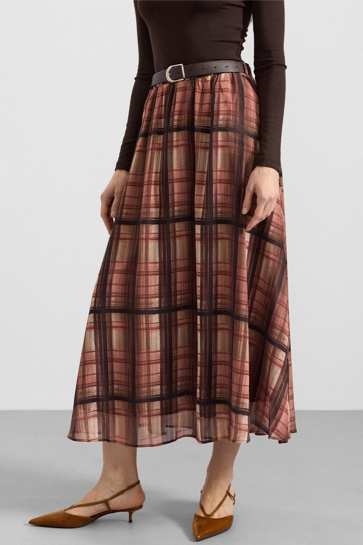 Kemer Aksesuarlı Beli Lastikli Şifon Etek KAHVE 7070