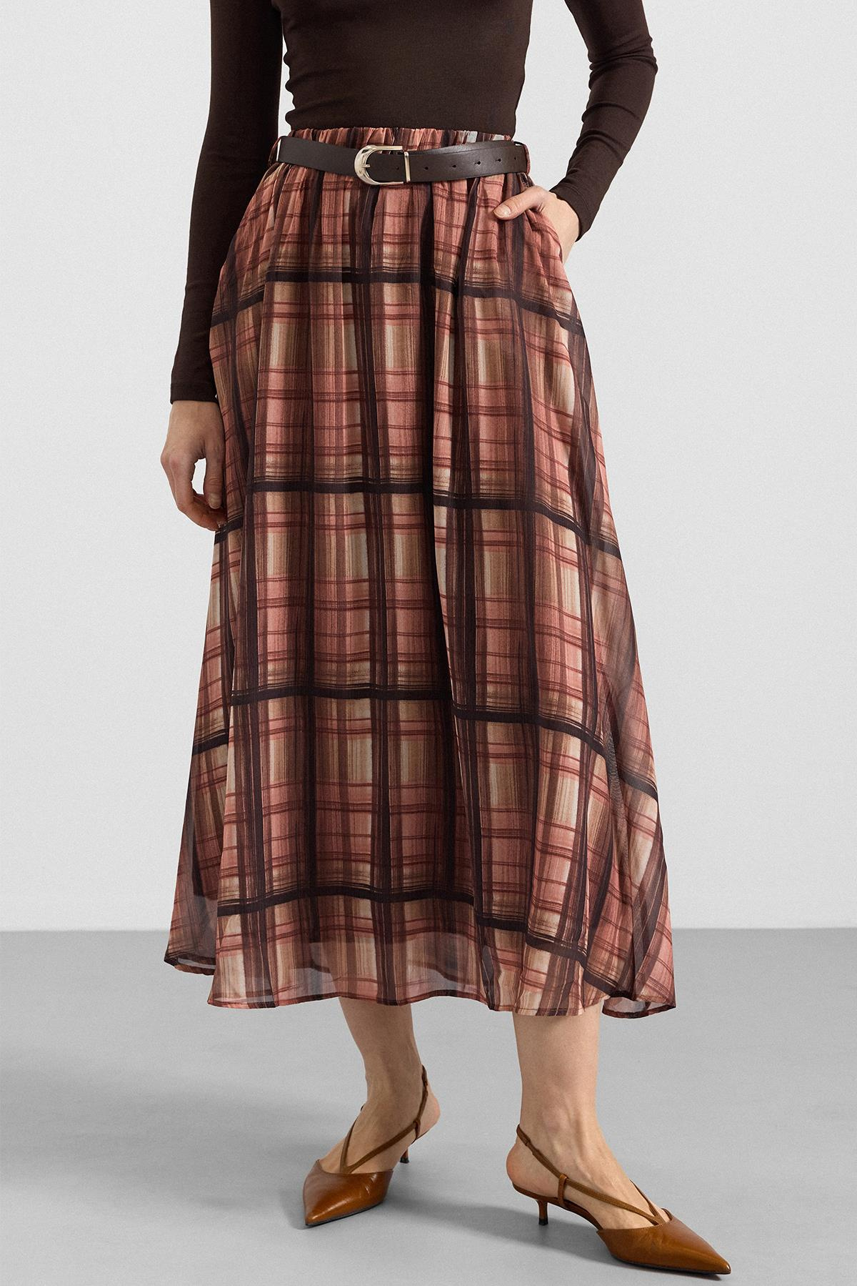 Kemer Aksesuarlı Beli Lastikli Şifon Etek KAHVE 7070