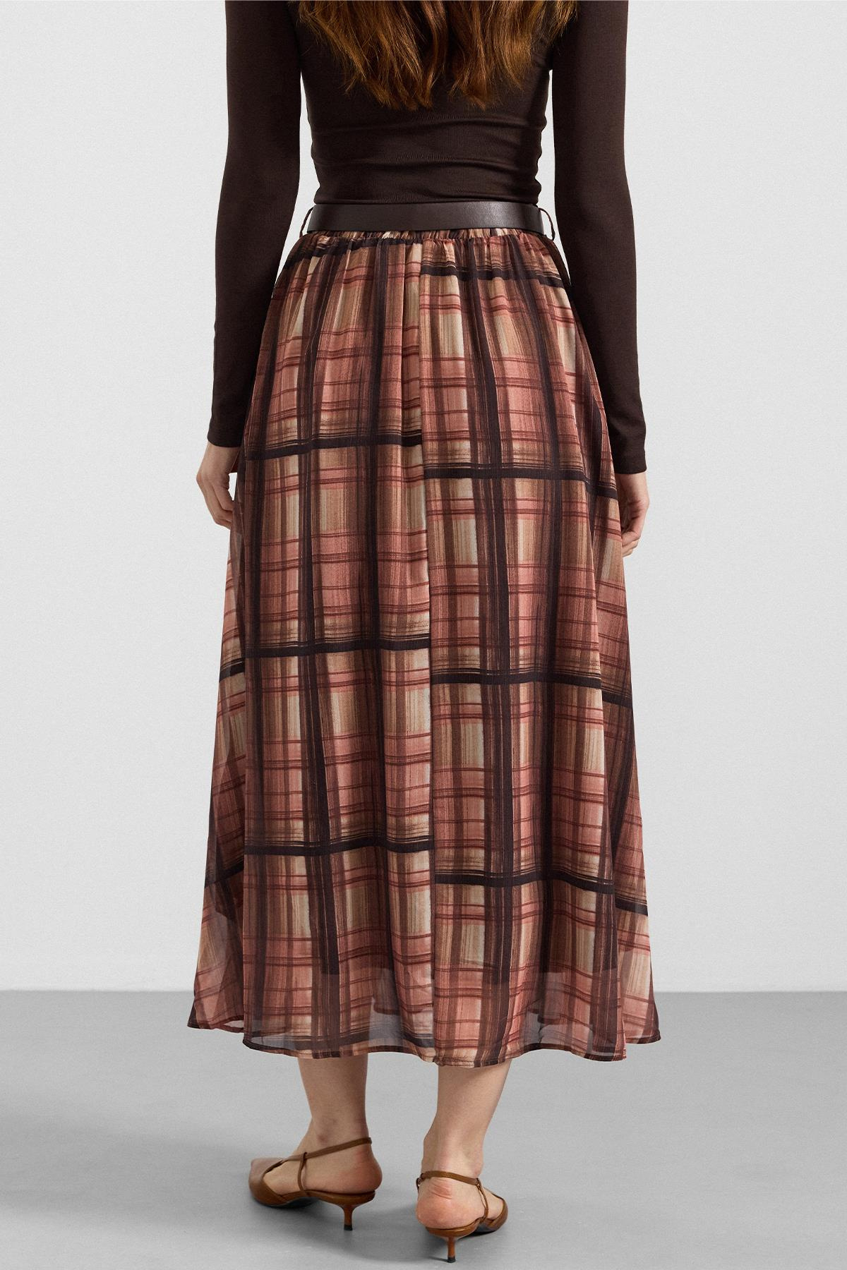 Kemer Aksesuarlı Beli Lastikli Şifon Etek KAHVE 7070