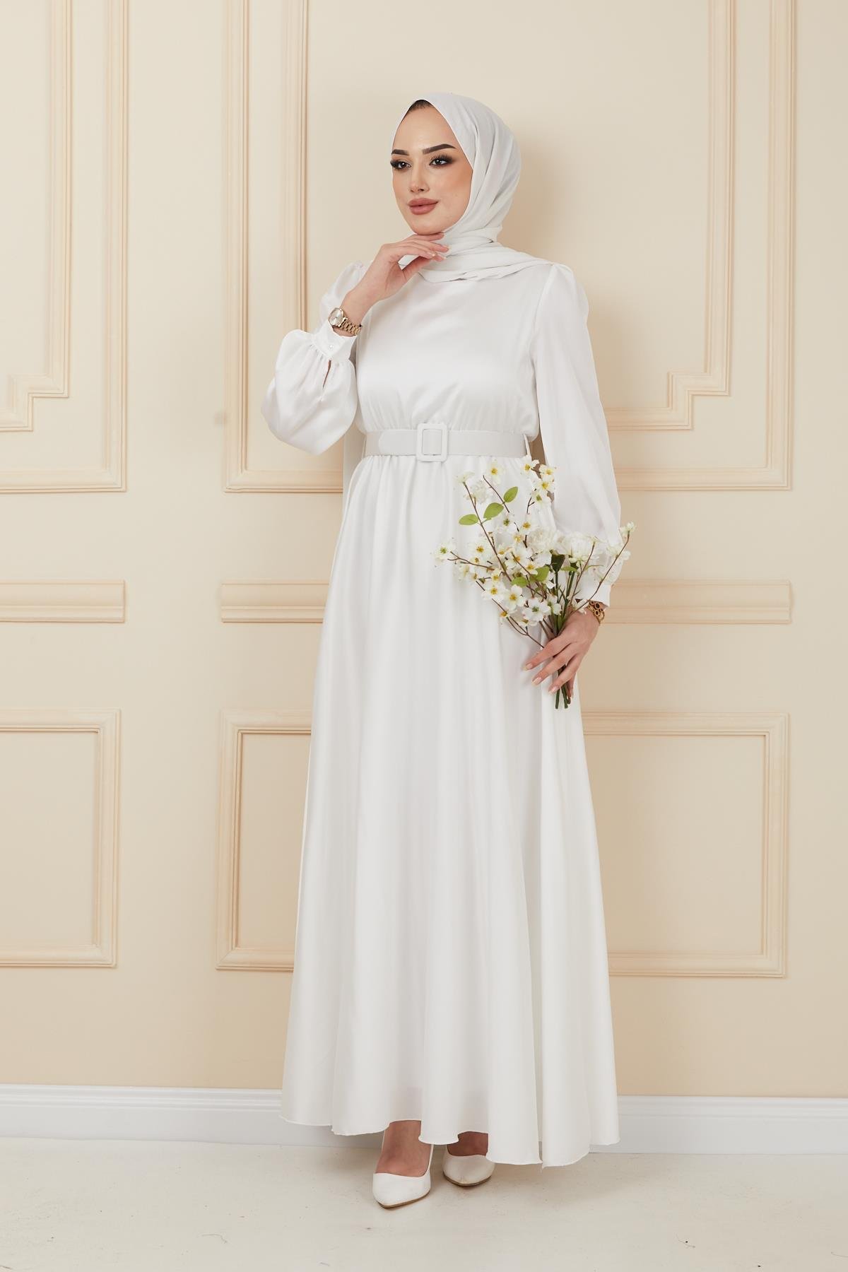 Flared Evening Dress with Belt Accessory IVORY 1602