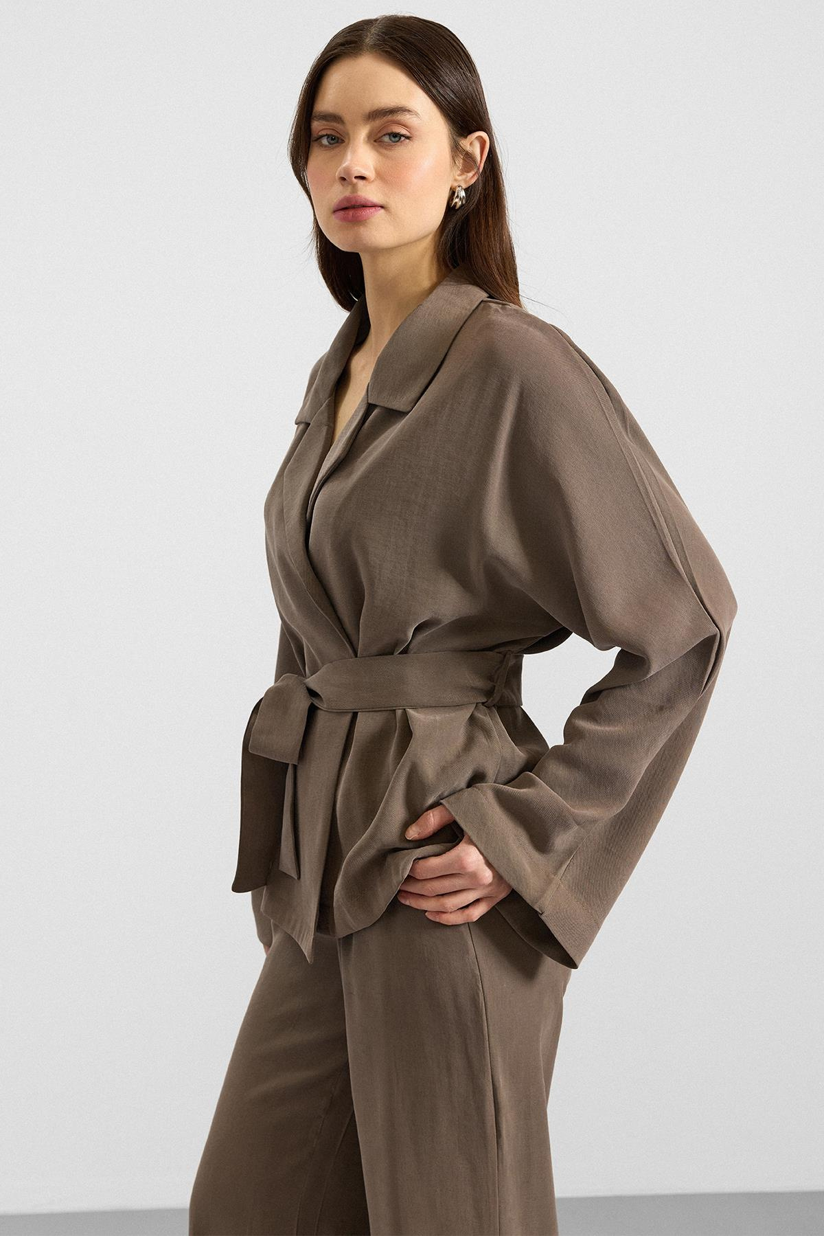 Kemer Bağlamalı Oversize Modal Ceket HAKİ 8287