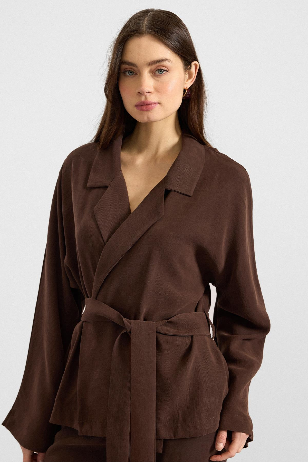 Kemer Bağlamalı Oversize Modal Ceket KAHVE 8287