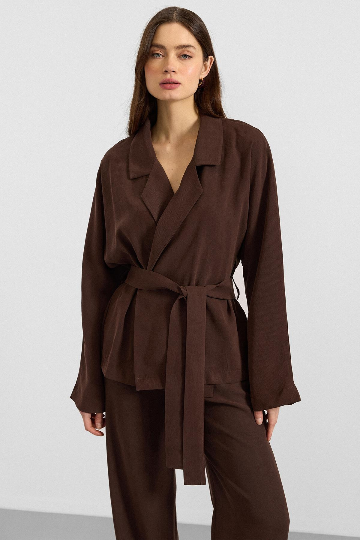 Kemer Bağlamalı Oversize Modal Ceket KAHVE 8287