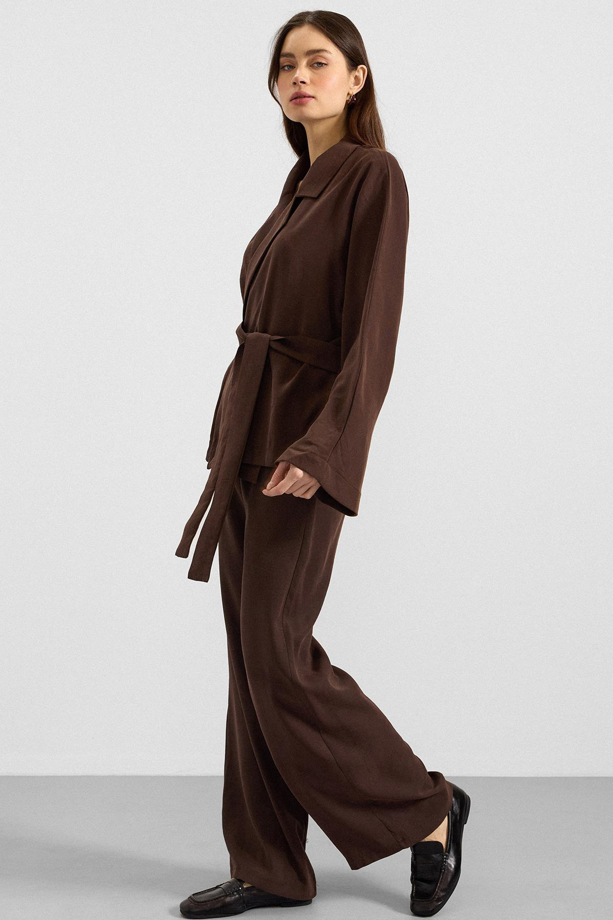 Kemer Bağlamalı Oversize Modal Ceket KAHVE 8287