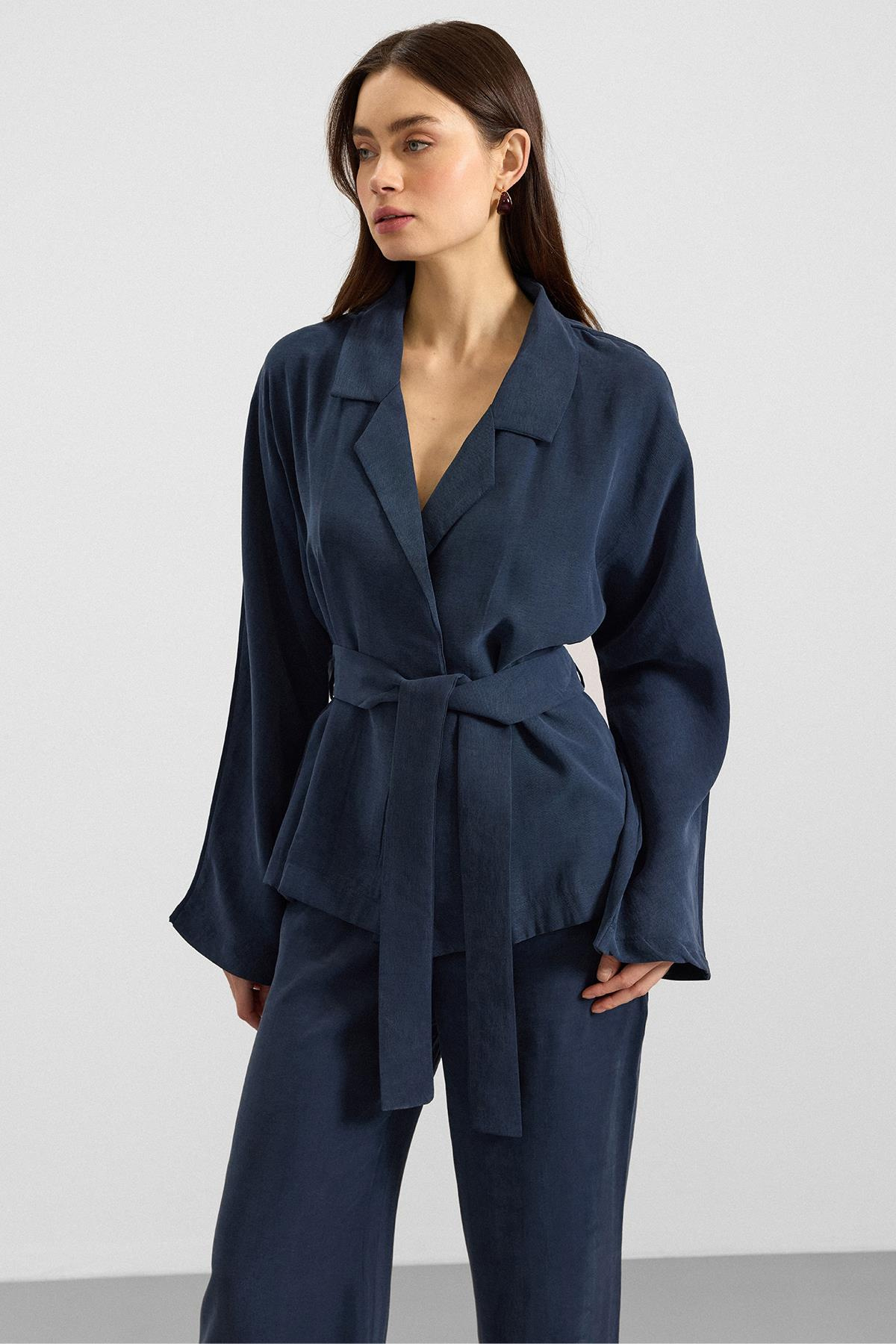 Kemer Bağlamalı Oversize Modal Ceket LACİVERT 8287