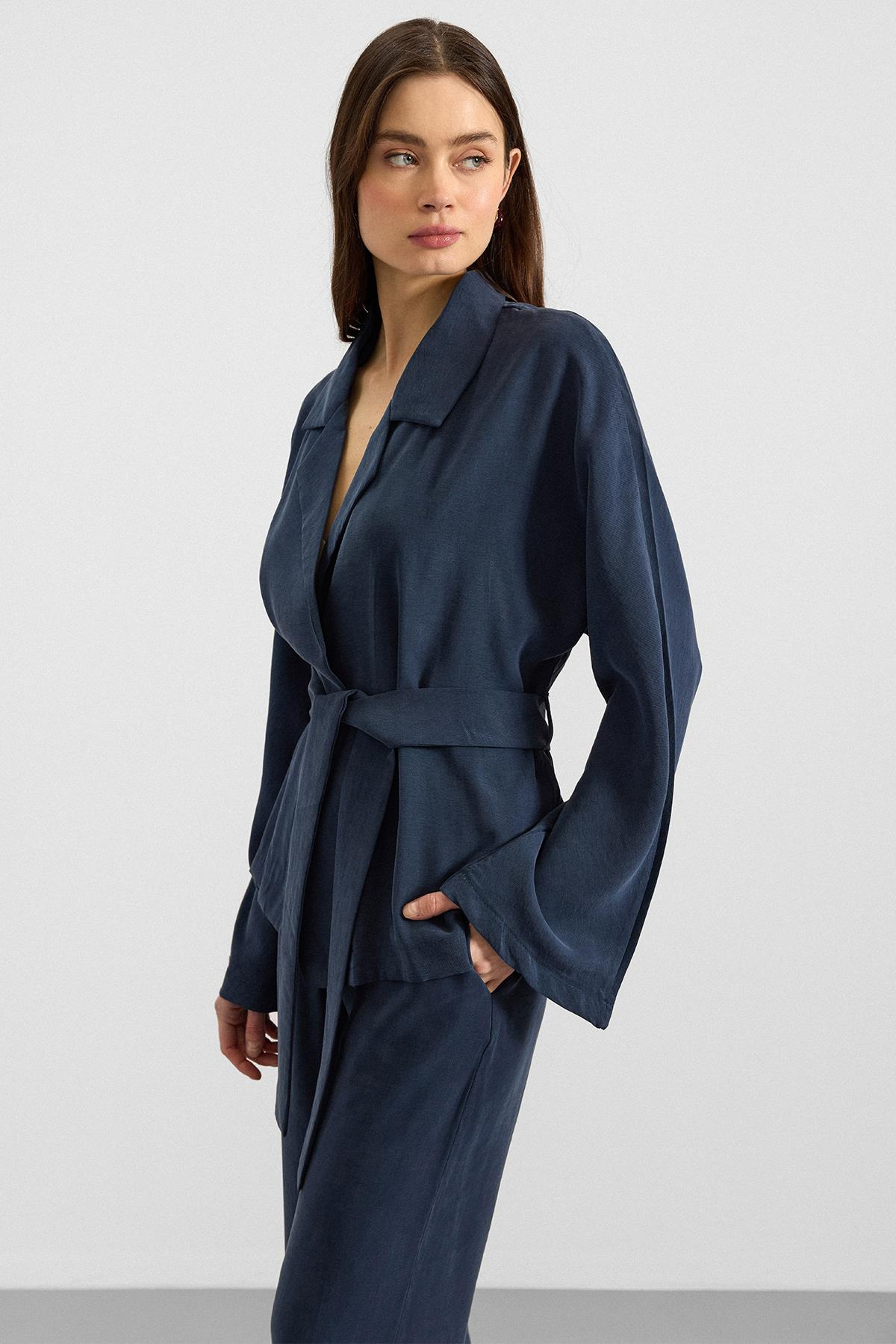 Kemer Bağlamalı Oversize Modal Ceket LACİVERT 8287