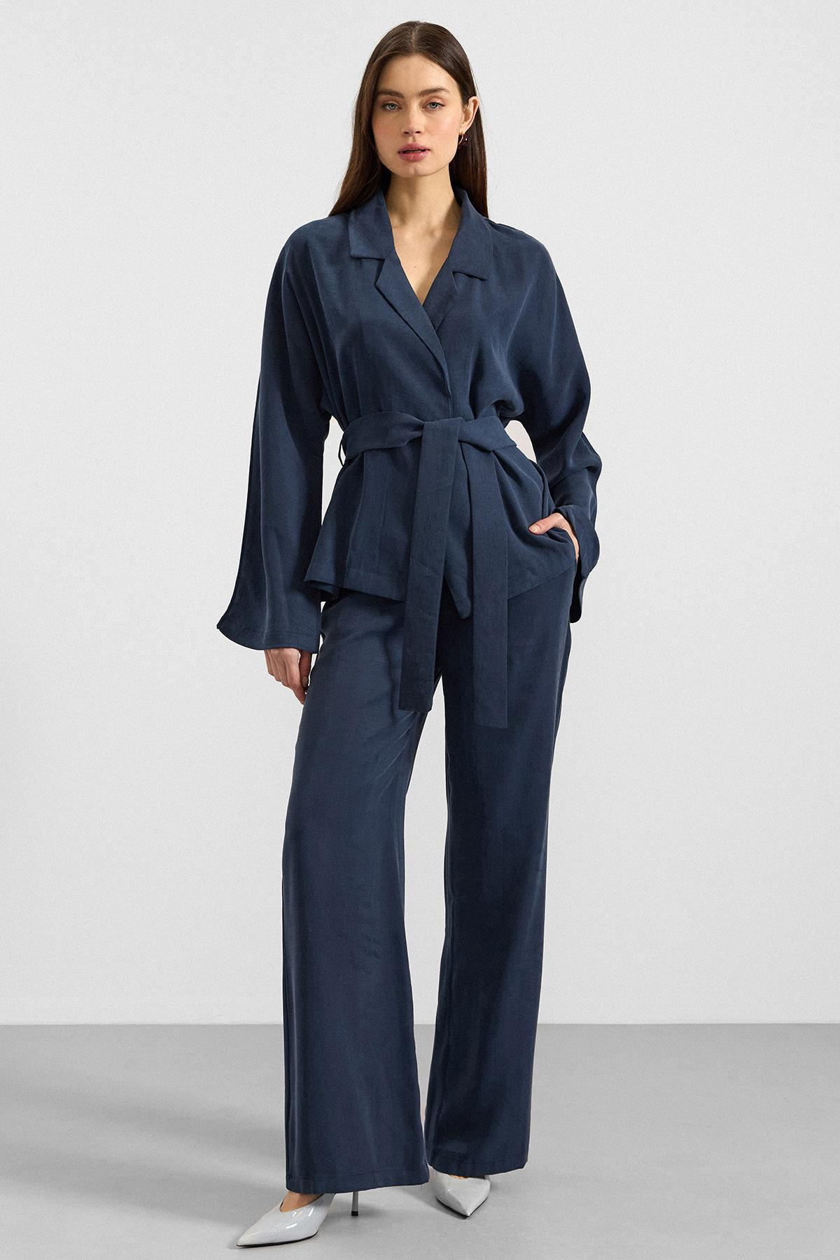 Kemer Bağlamalı Oversize Modal Ceket LACİVERT 8287