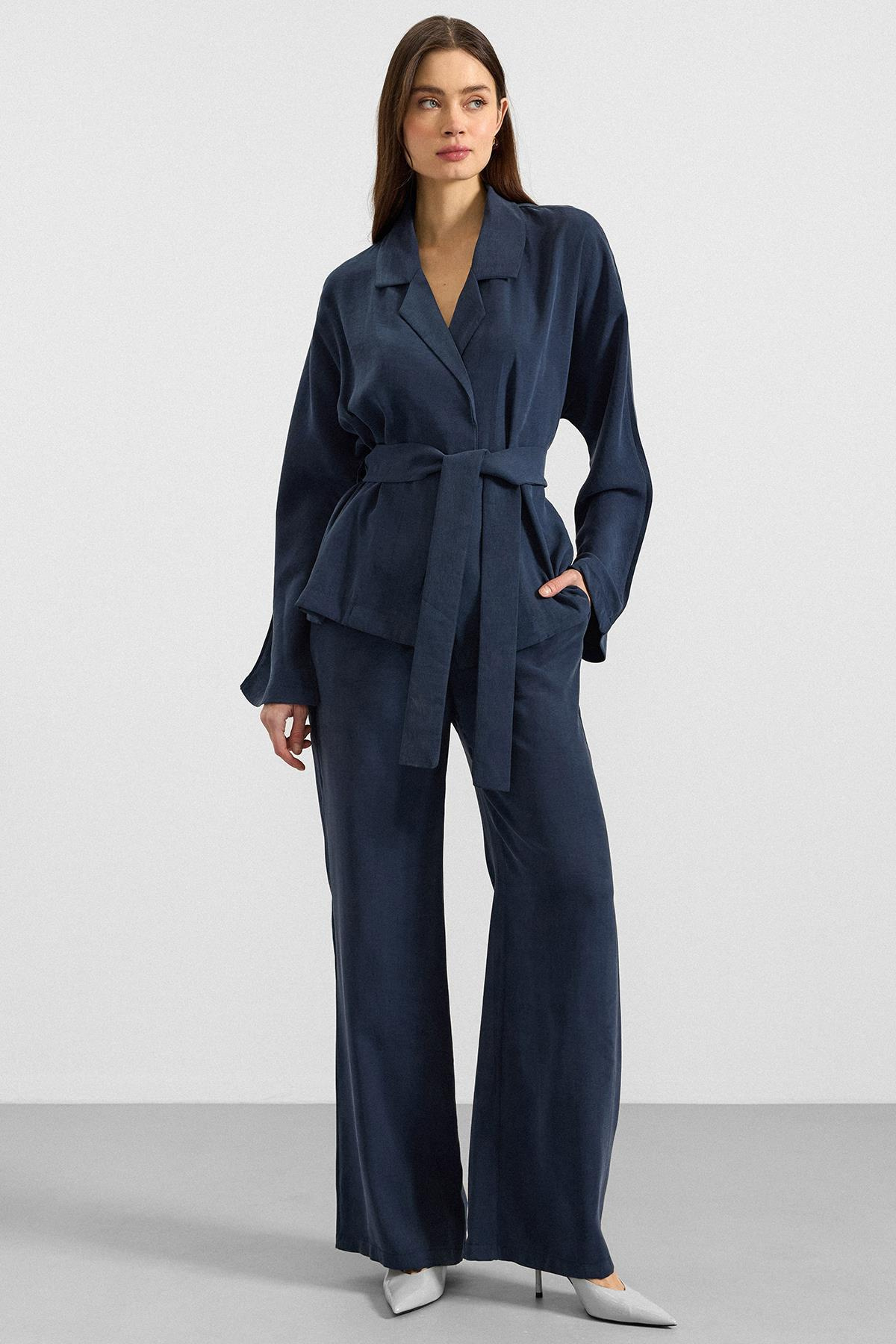 Kemer Bağlamalı Oversize Modal Ceket LACİVERT 8287