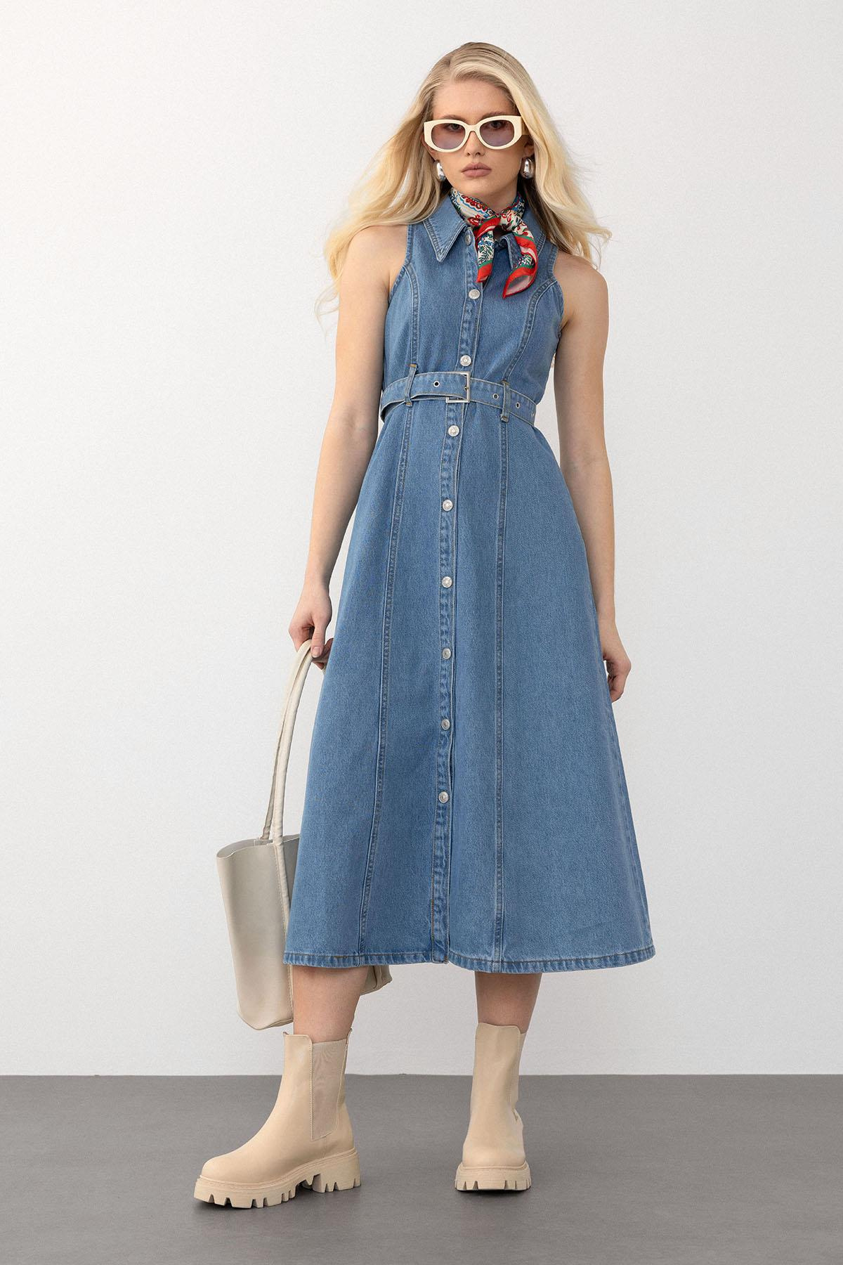 Sleeveless Denim Dress with Belt Detail BLUE 9272-E