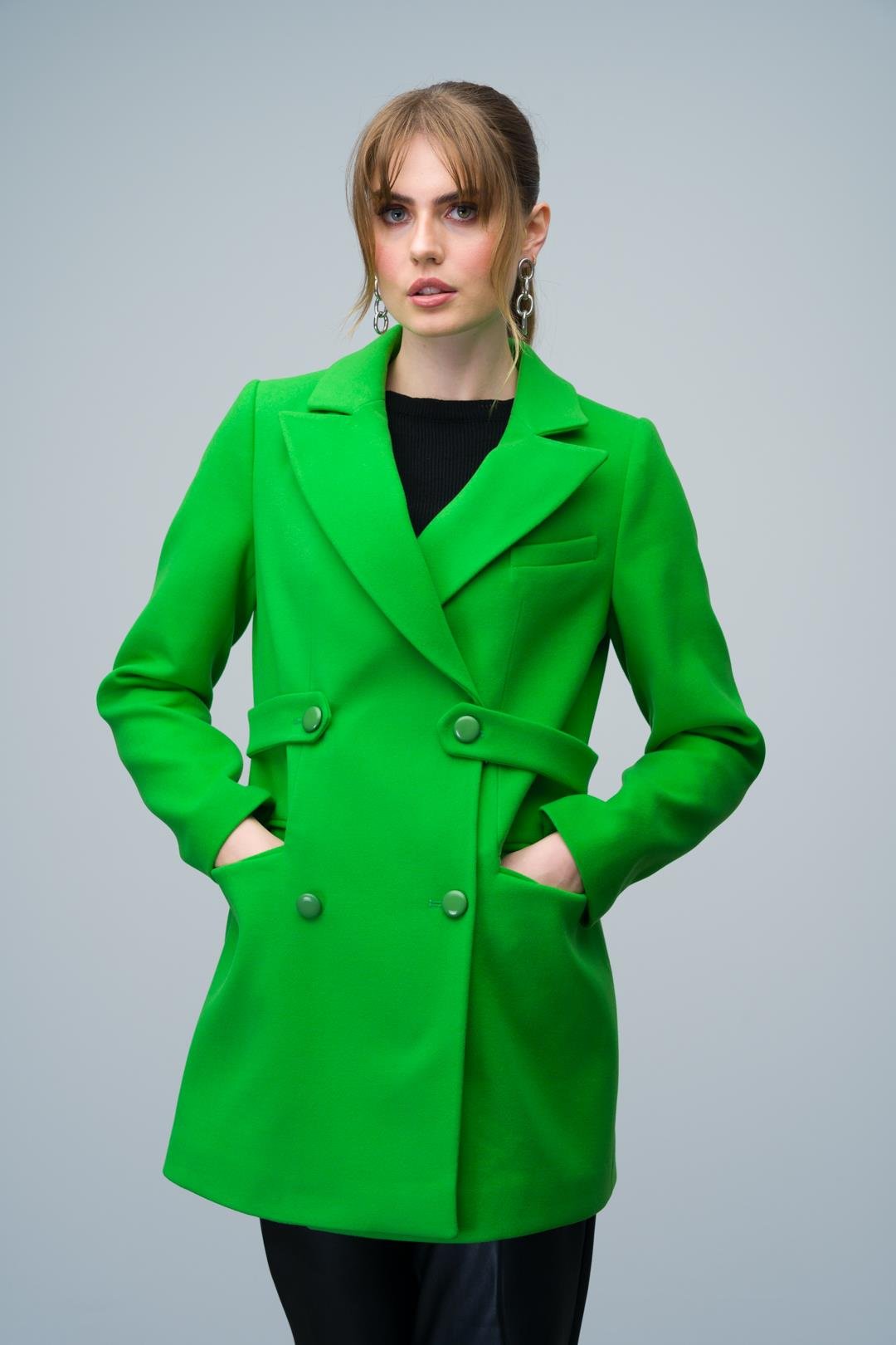 Kemer Detaylı Kruvaze Kısa Kaban AÇIK YEŞİL 3017