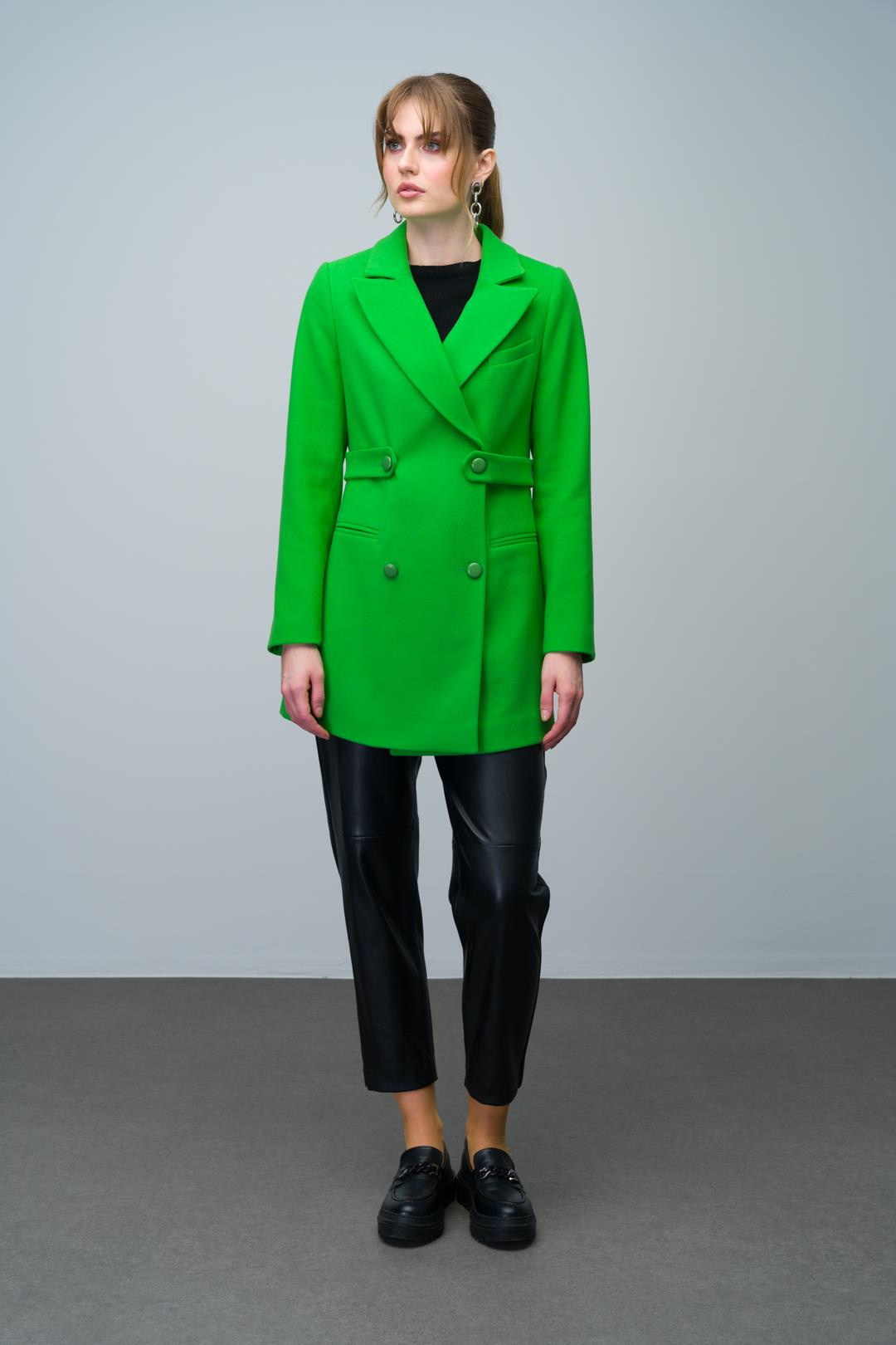 Kemer Detaylı Kruvaze Kısa Kaban AÇIK YEŞİL 3017