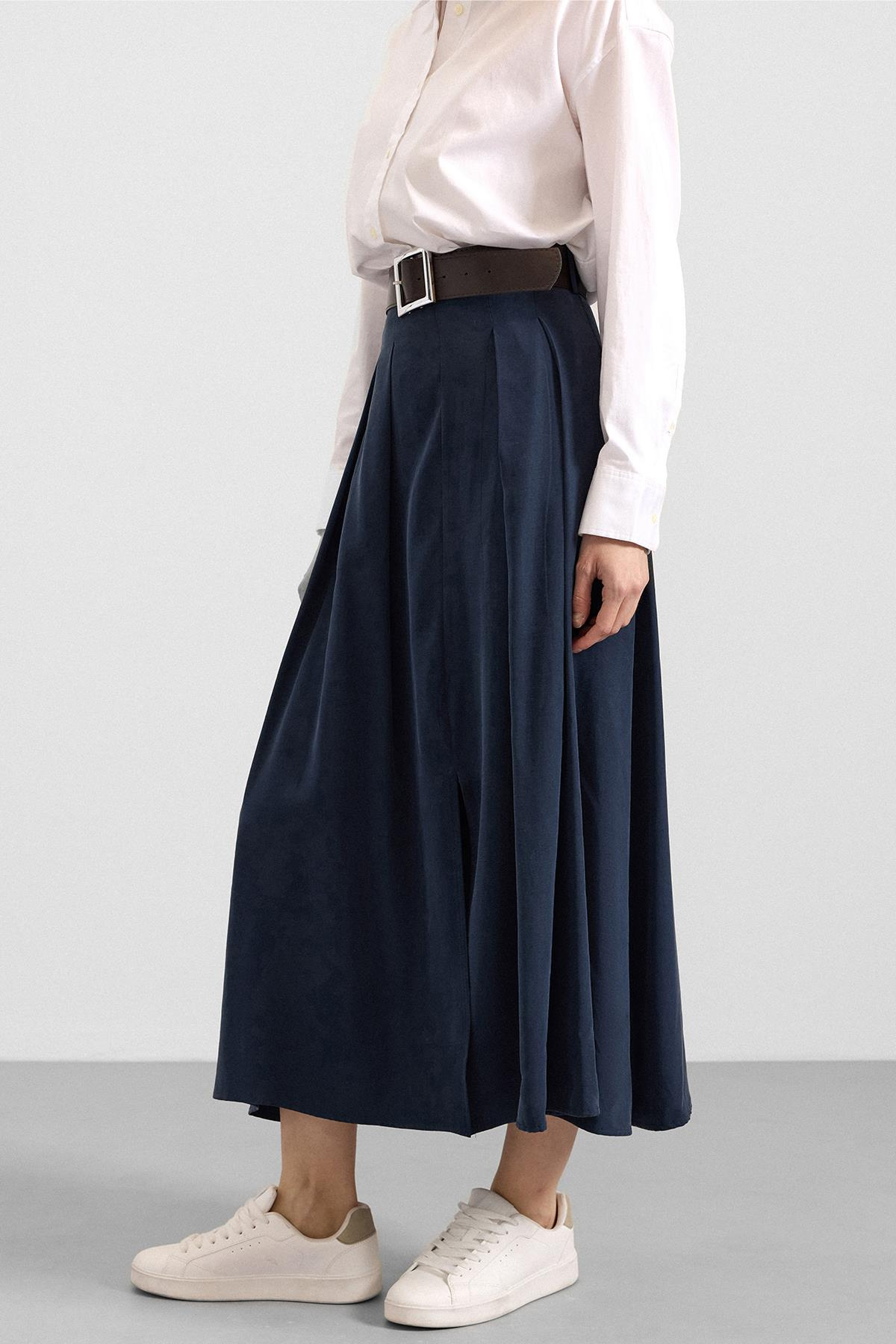 Kemer Detaylı Önden Yırtmaçlı Pileli Modal Etek LACİVERT 7069