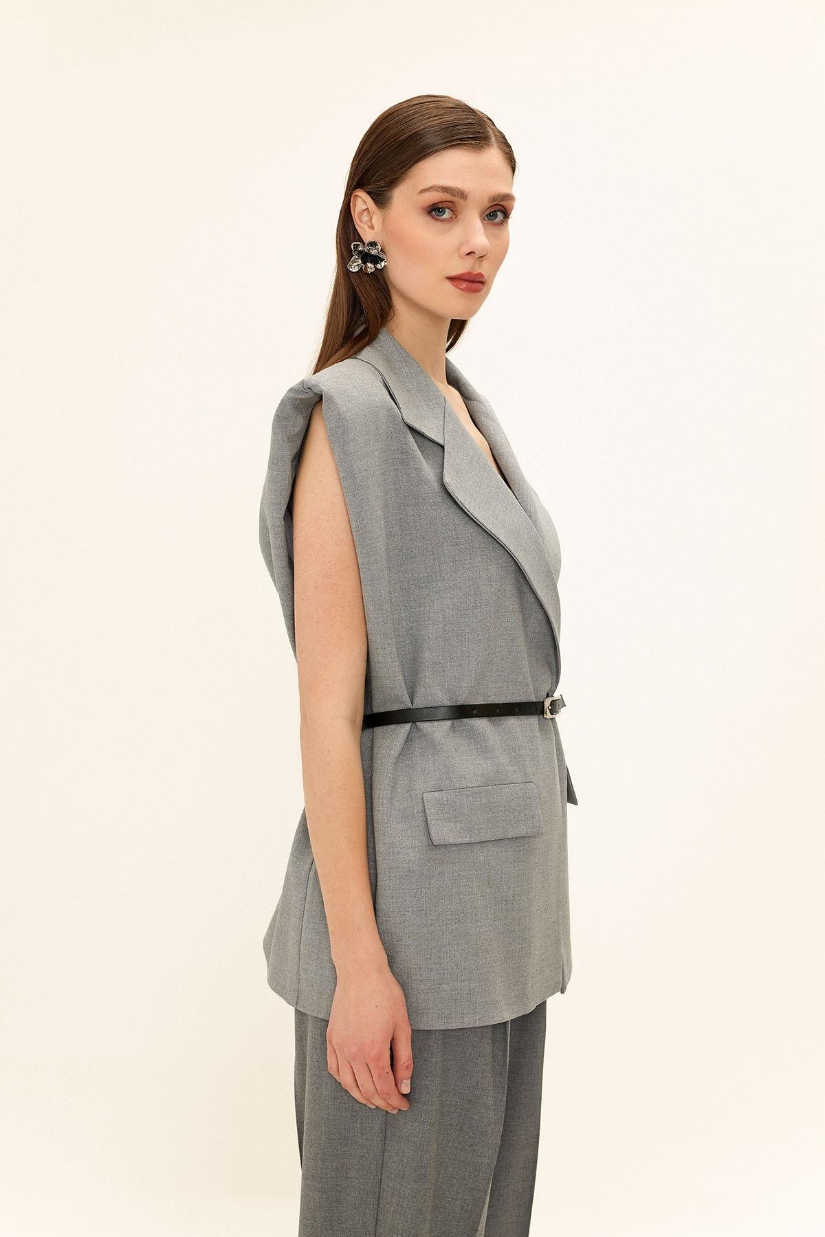 Kemer Detaylı Oversize Yelek GRİ 8261