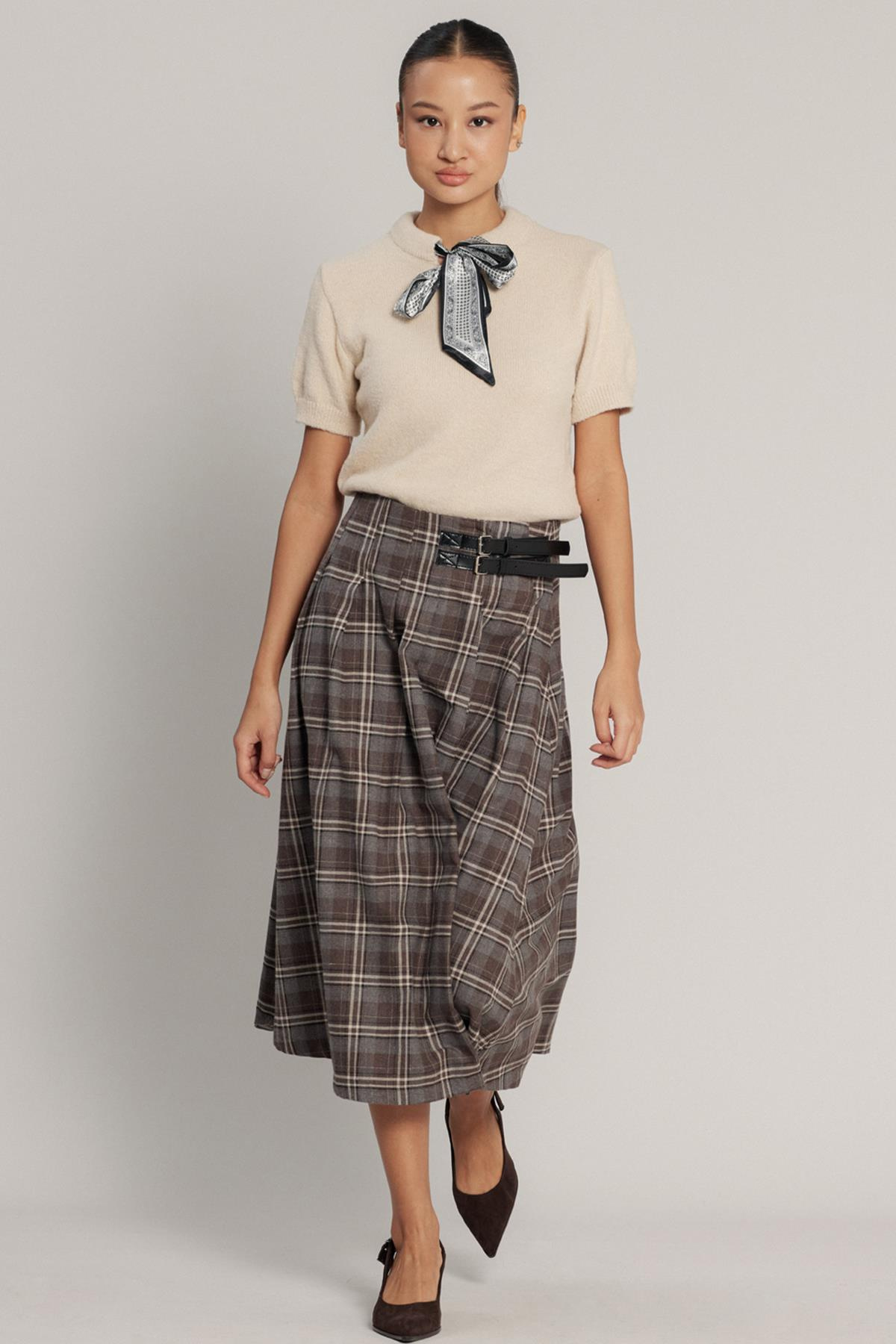 Kemer Detaylı Yırtmaçlı Kloş Ekose Etek A.KAHVE 7057