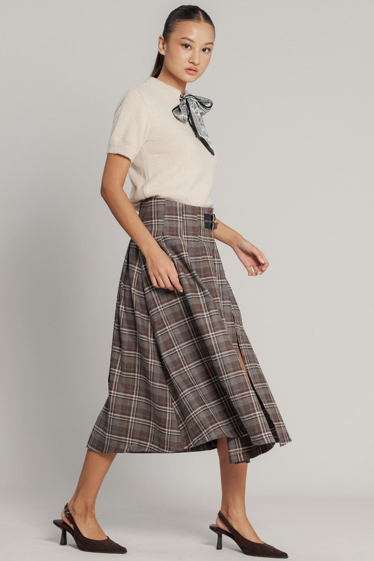 Kemer Detaylı Yırtmaçlı Kloş Ekose Etek A.KAHVE 7057