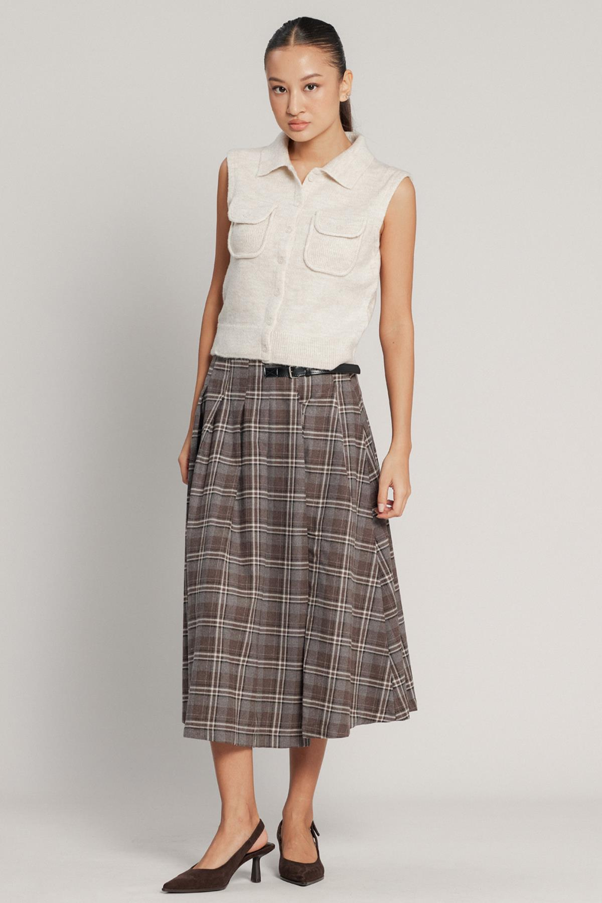 Kemer Detaylı Yırtmaçlı Kloş Ekose Etek A.KAHVE 7057