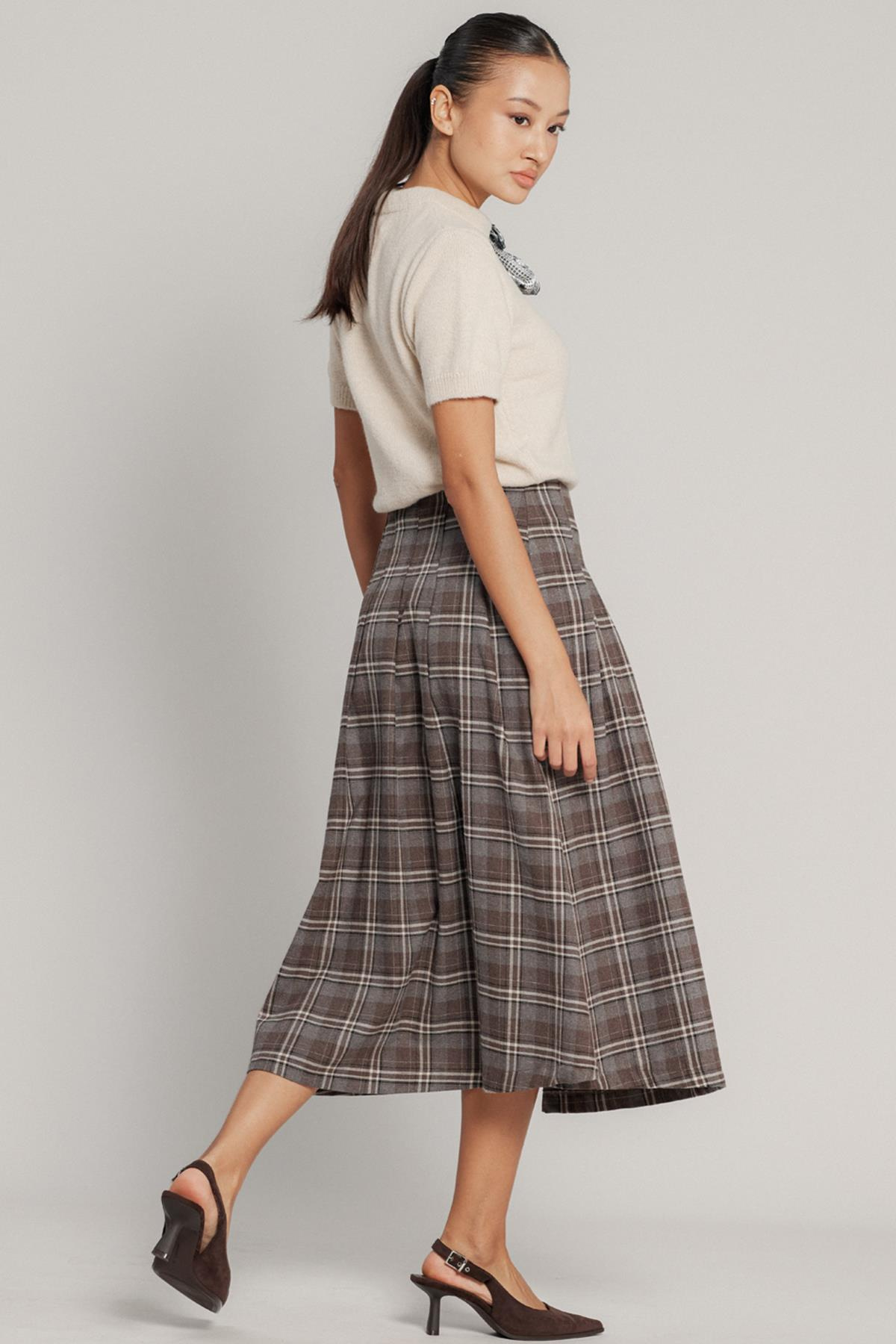 Kemer Detaylı Yırtmaçlı Kloş Ekose Etek A.KAHVE 7057