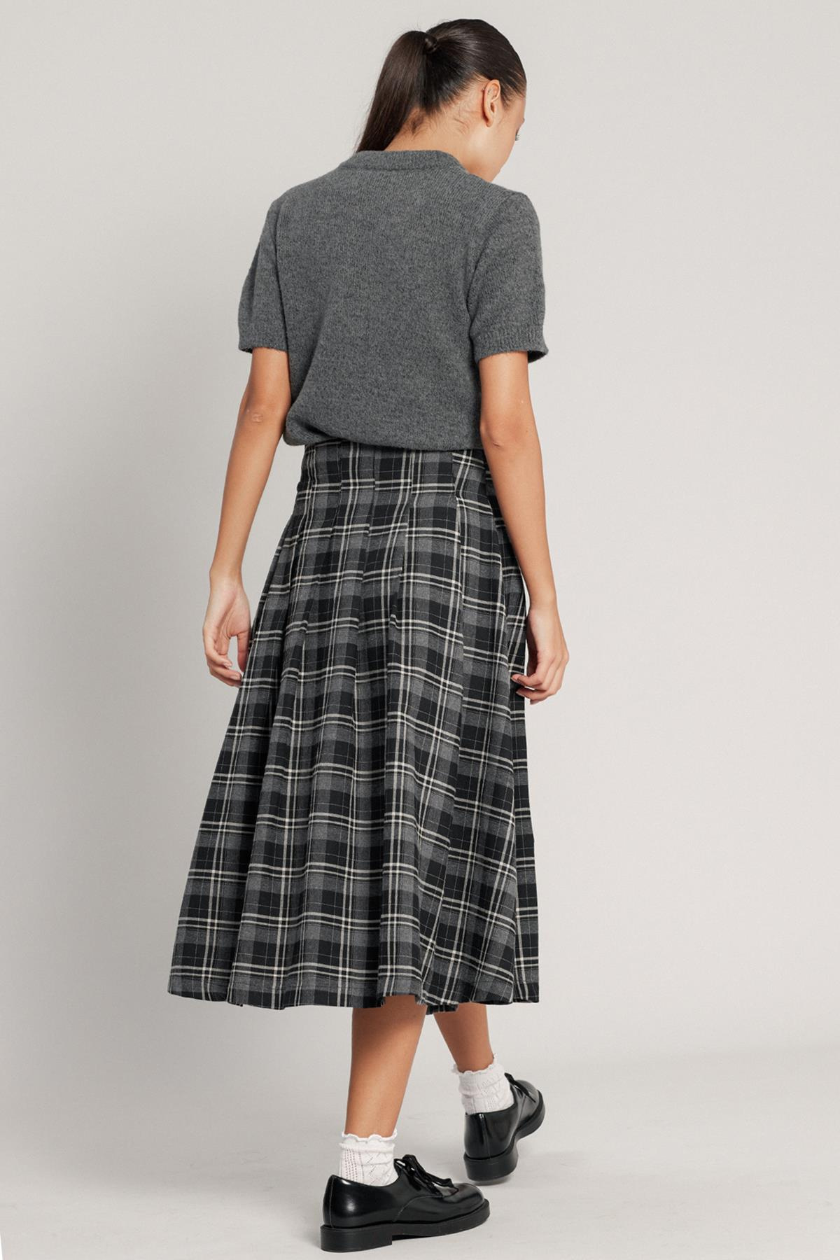 Kemer Detaylı Yırtmaçlı Kloş Ekose Etek KOYU GRİ 7057