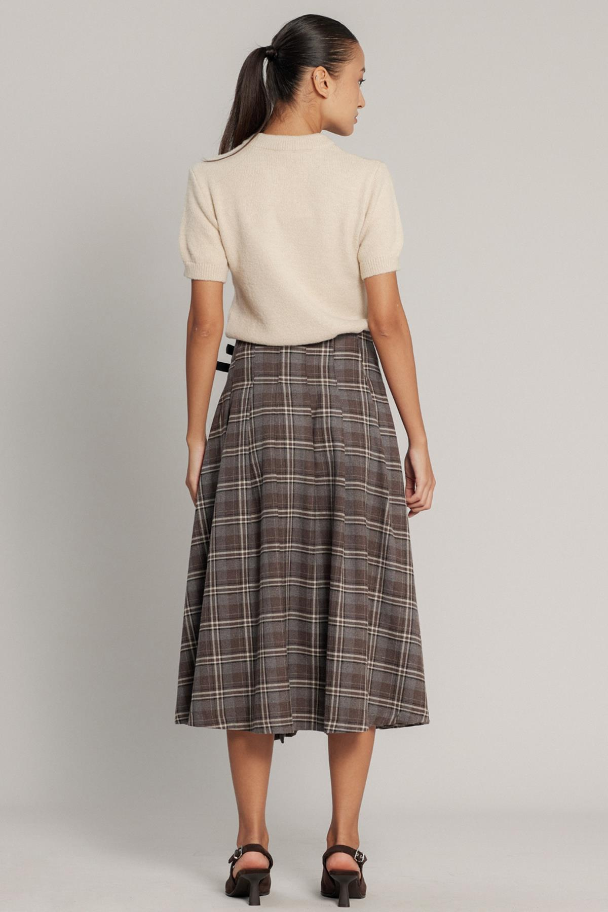 Kemer Detaylı Yırtmaçlı Kloş Ekose Etek A.KAHVE 7057