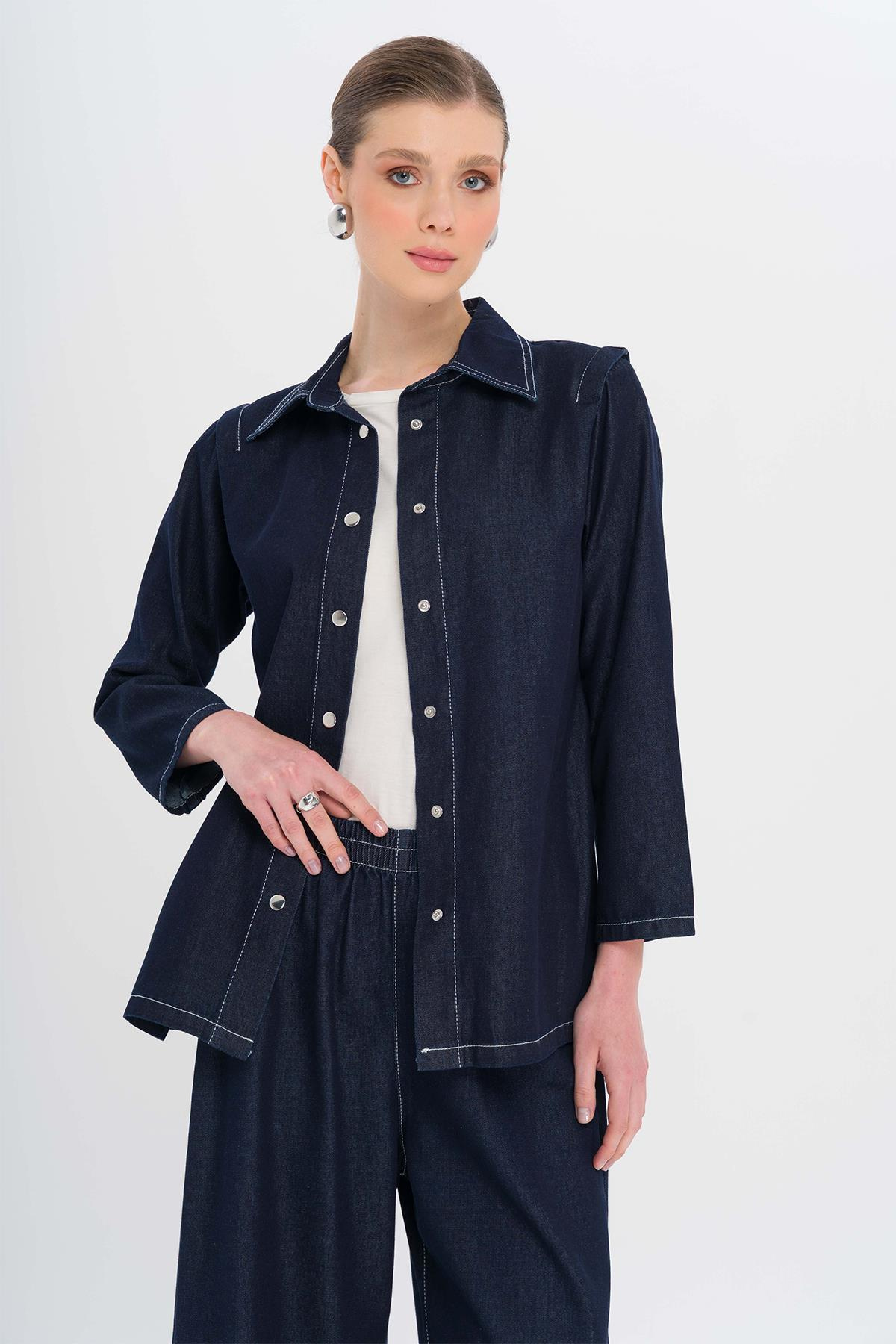 Kemeri Çıt Çıt Detaylı Ceket Pantolon Denim Takım LACİVERT 9344-TK