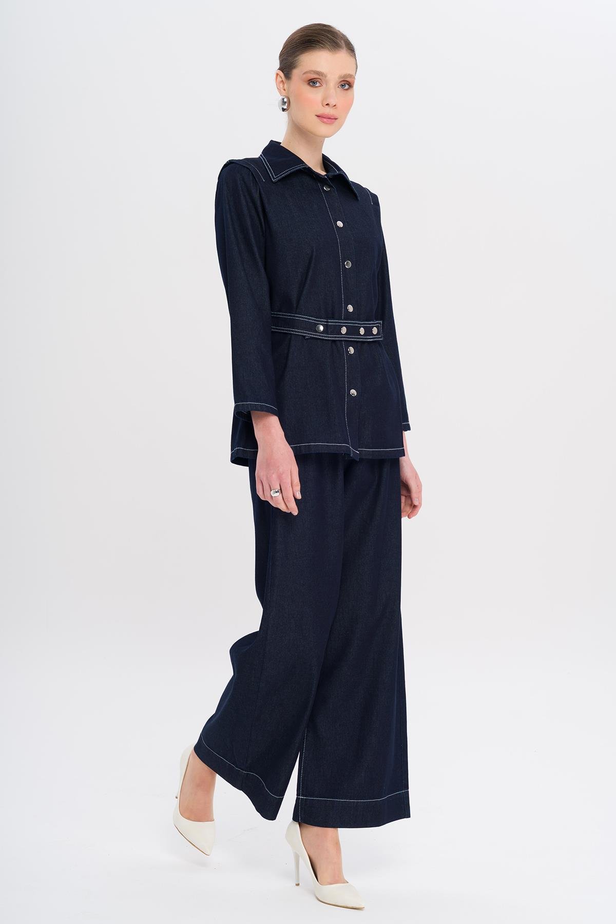 Kemeri Çıt Çıt Detaylı Ceket Pantolon Denim Takım LACİVERT 9344-TK