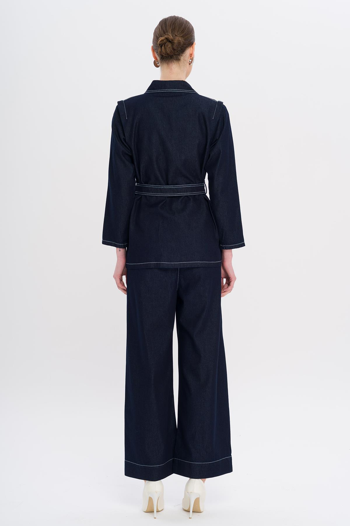 Kemeri Çıt Çıt Detaylı Ceket Pantolon Denim Takım LACİVERT 9344-TK