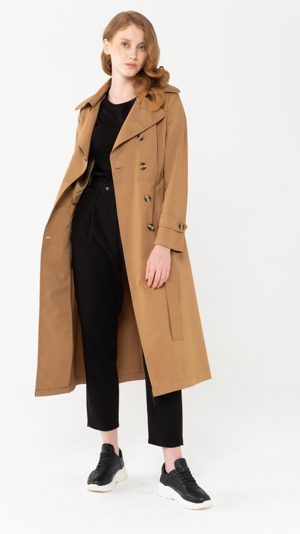 Kemeri Dikiş Detaylı Yarım Astarlı Kruvaze Trençkot KAMEL 6377 - Olcay
