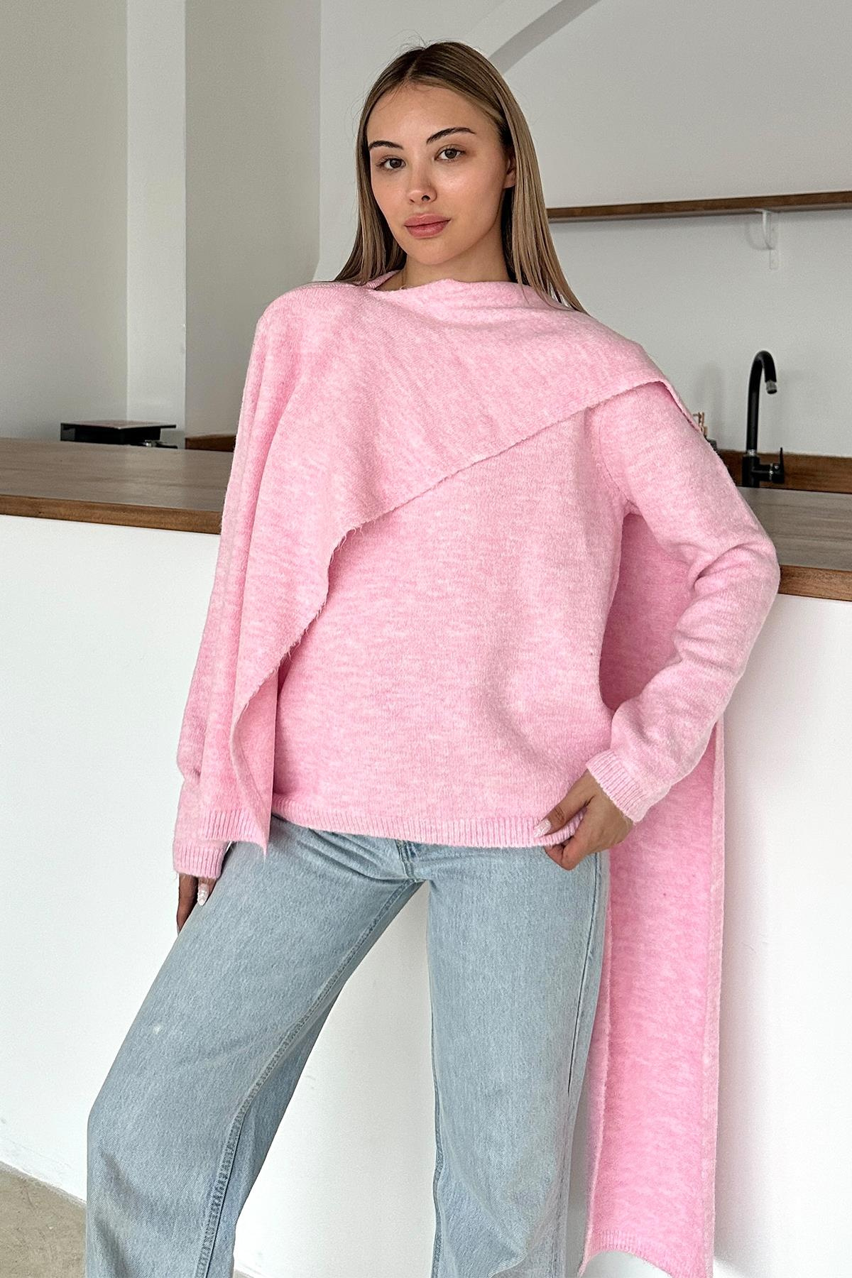 Kendinden Atkılı Triko Kazak PEMBE 8266