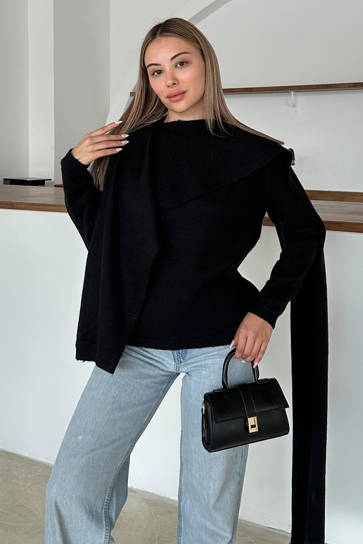 Kendinden Atkılı Triko Kazak SİYAH 8266