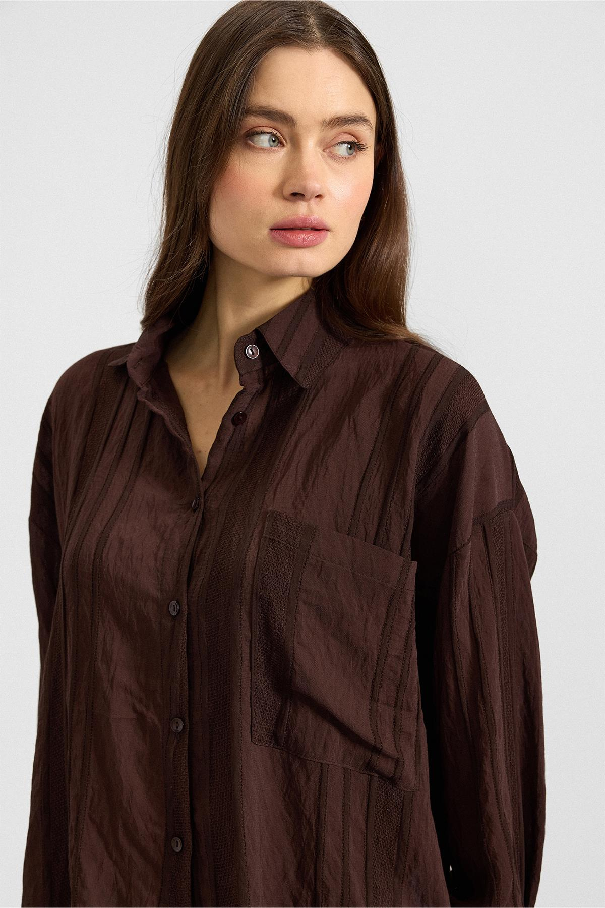 Kendinden Desenli Salaş Gömlek KAHVE 9408