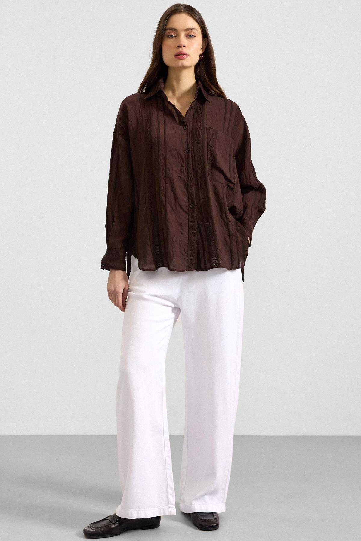 Kendinden Desenli Salaş Gömlek KAHVE 9408