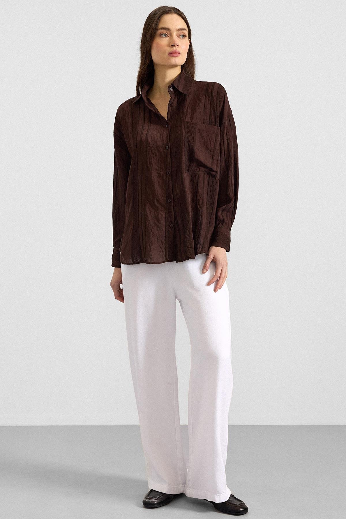 Kendinden Desenli Salaş Gömlek KAHVE 9408