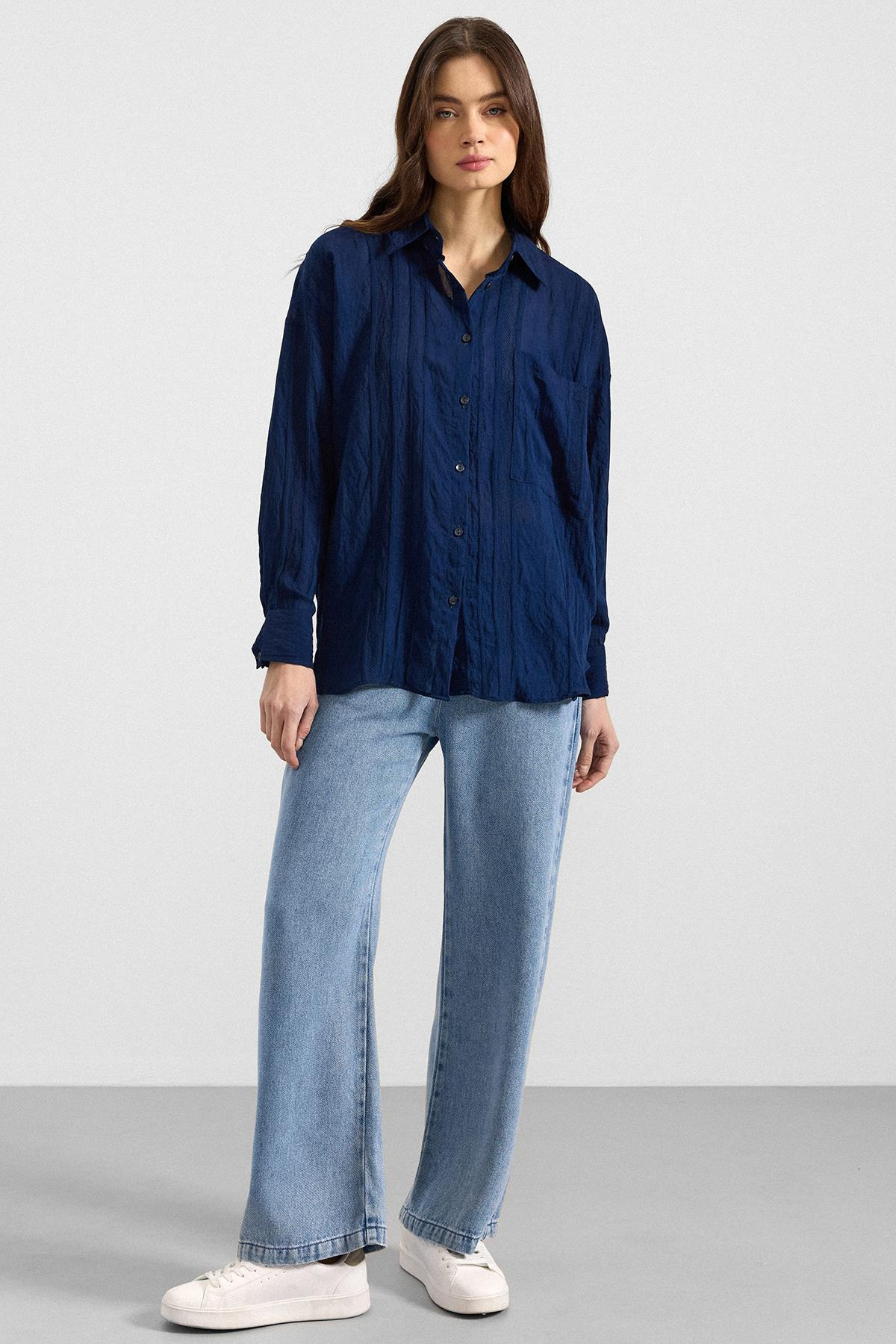 Kendinden Desenli Salaş Gömlek LACİVERT 9408