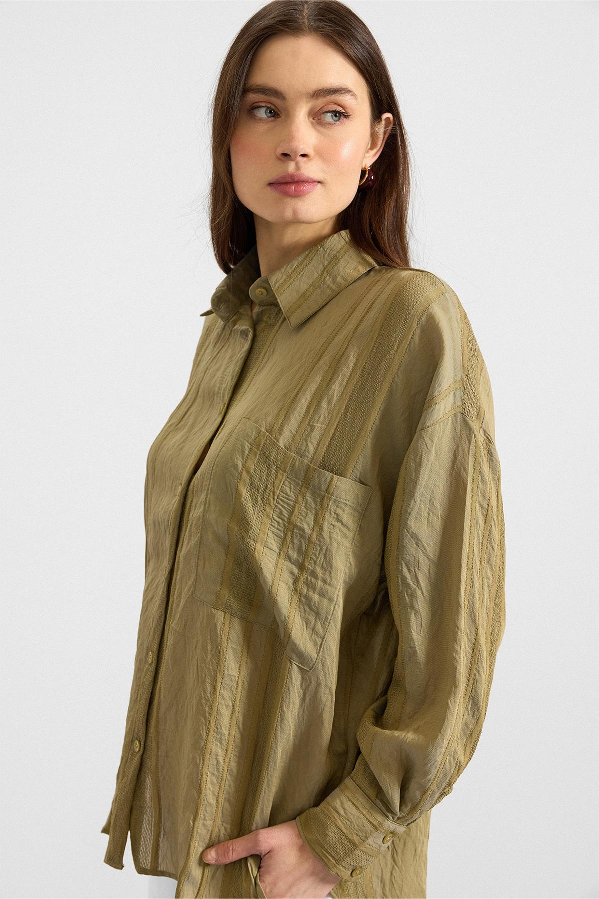 Kendinden Desenli Salaş Gömlek YEŞİL 9408