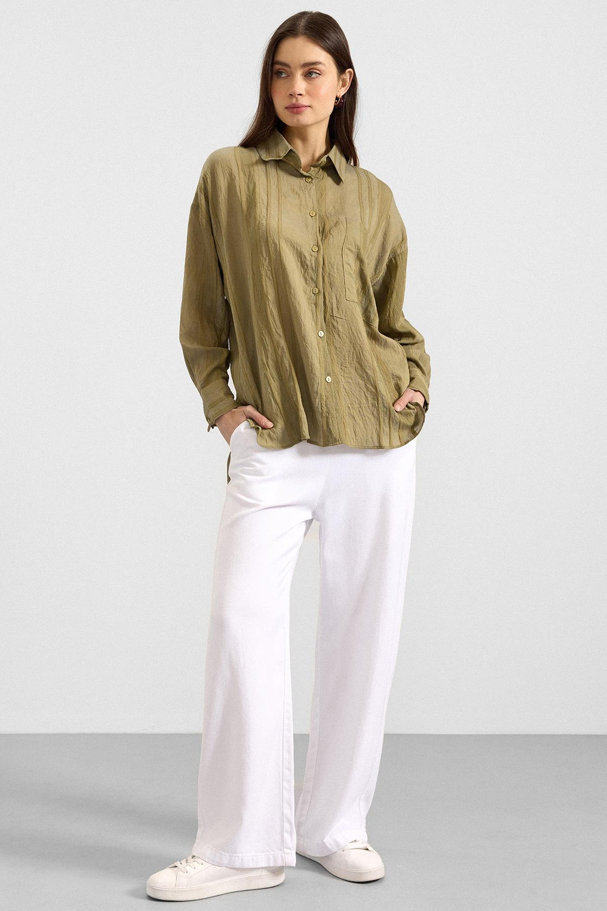 Kendinden Desenli Salaş Gömlek YEŞİL 9408